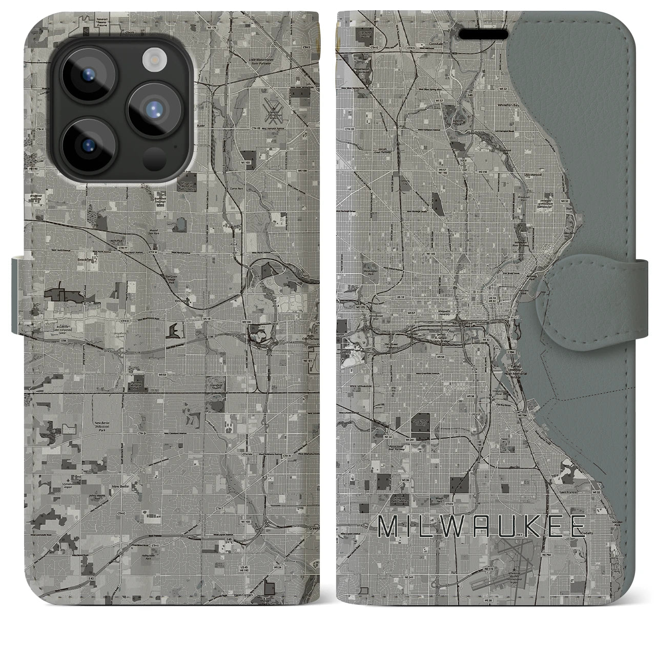 【ミルウォーキー(アメリカ)】地図柄iPhoneケース(手帳タイプ)モノトーン・iPhone 15 Pro Max 用