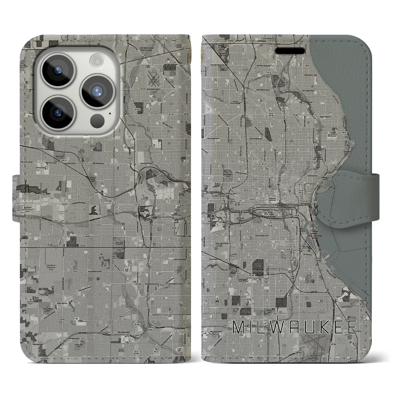 【ミルウォーキー(アメリカ)】地図柄iPhoneケース(手帳タイプ)モノトーン・iPhone 15 Pro 用