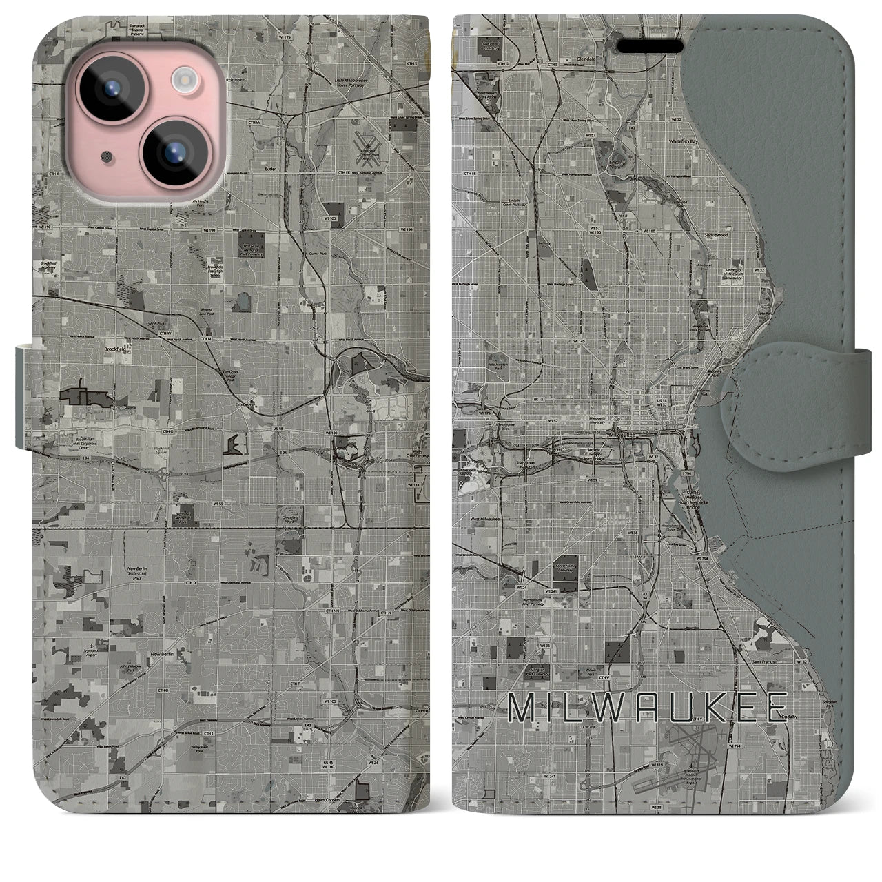【ミルウォーキー(アメリカ)】地図柄iPhoneケース(手帳タイプ)モノトーン・iPhone 15 Plus 用