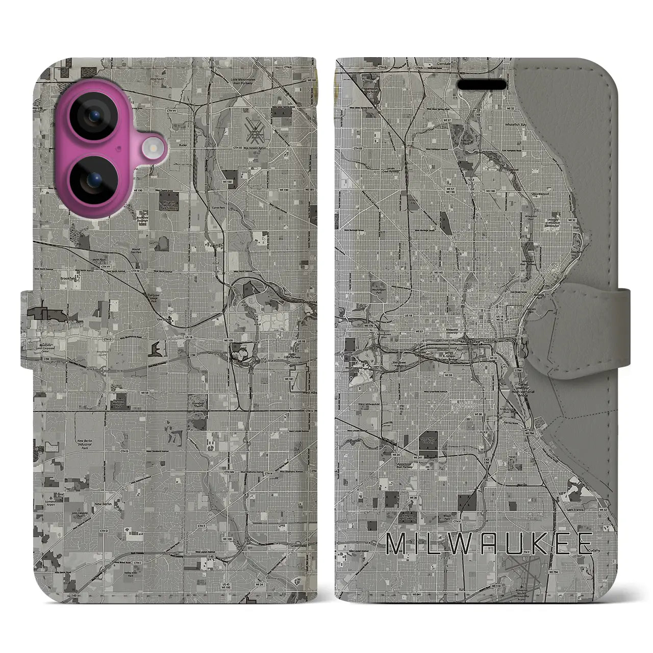 【ミルウォーキー(アメリカ)】地図柄iPhoneケース(手帳タイプ)モノトーン・iPhone 16 Pro 用