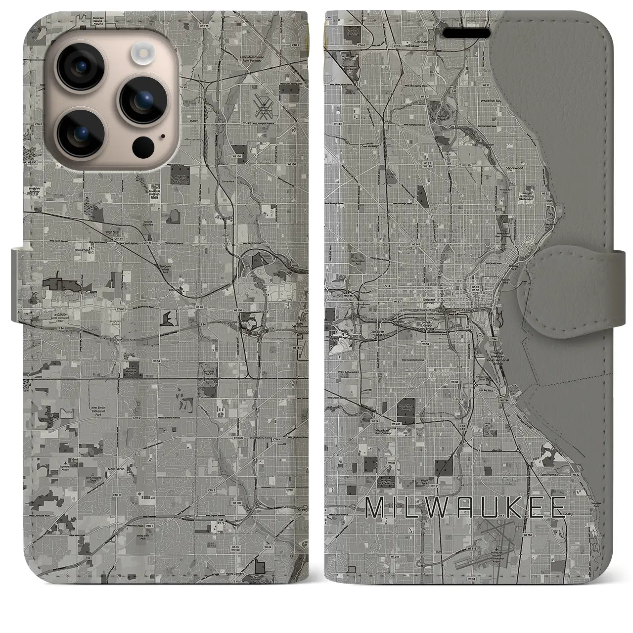 【ミルウォーキー(アメリカ)】地図柄iPhoneケース(手帳タイプ)モノトーン・iPhone 16 Plus 用
