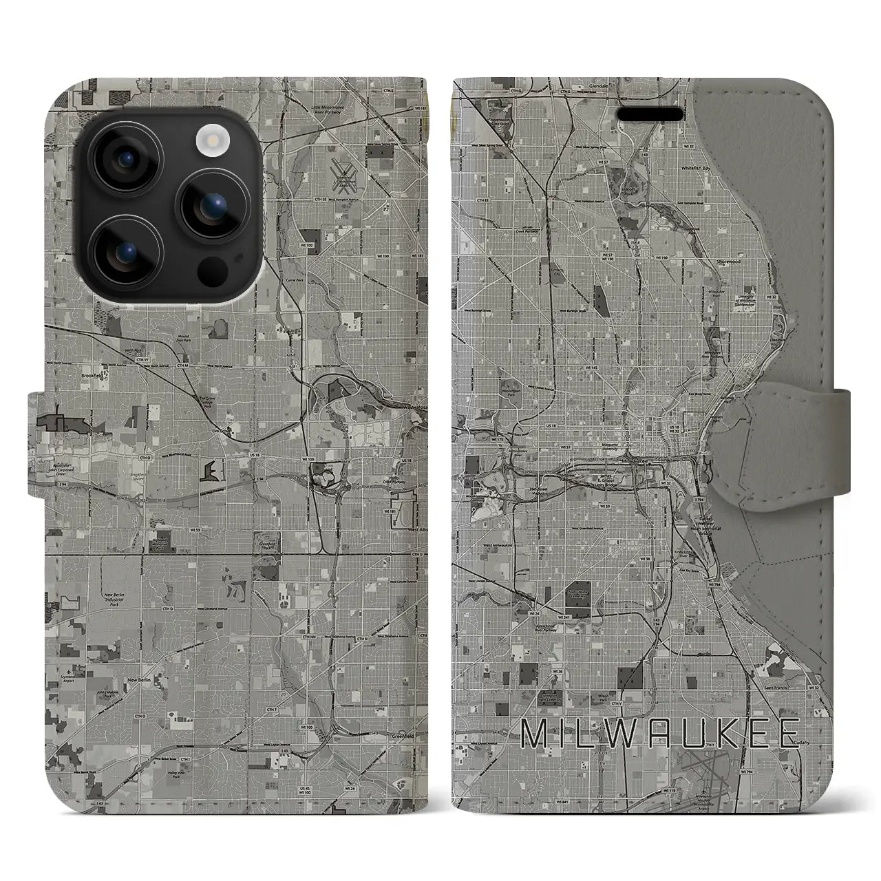【ミルウォーキー(アメリカ)】地図柄iPhoneケース(手帳タイプ)モノトーン・iPhone 16 用