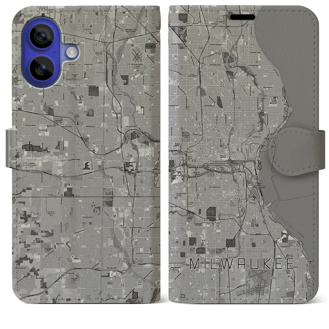 【ミルウォーキー(アメリカ)】地図柄iPhoneケース(手帳タイプ)モノトーン・iPhone 16 Pro Max 用