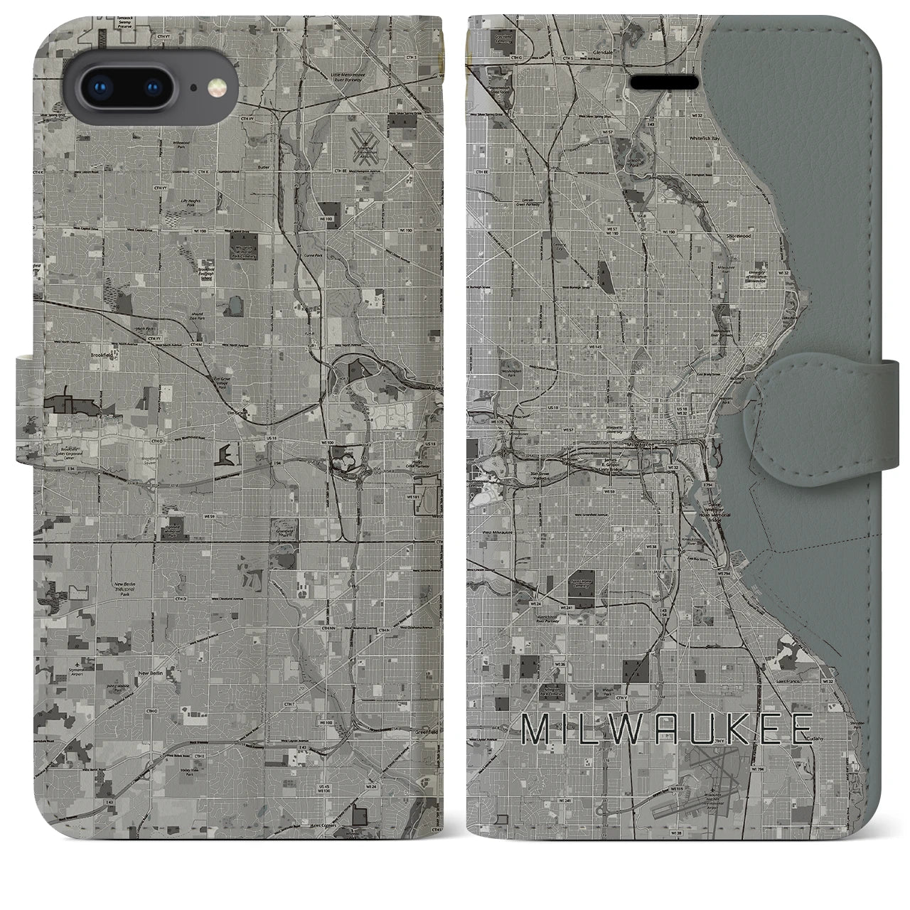 【ミルウォーキー(アメリカ)】地図柄iPhoneケース(手帳タイプ)モノトーン・iPhone 8Plus /7Plus / 6sPlus / 6Plus 用