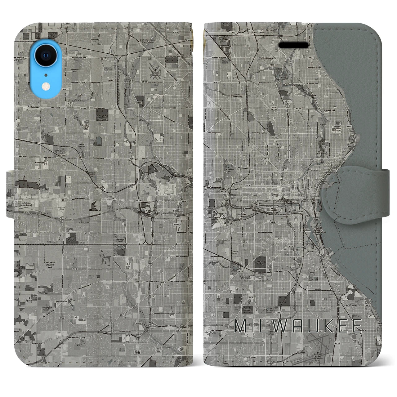 【ミルウォーキー(アメリカ)】地図柄iPhoneケース(手帳タイプ)モノトーン・iPhone XR 用