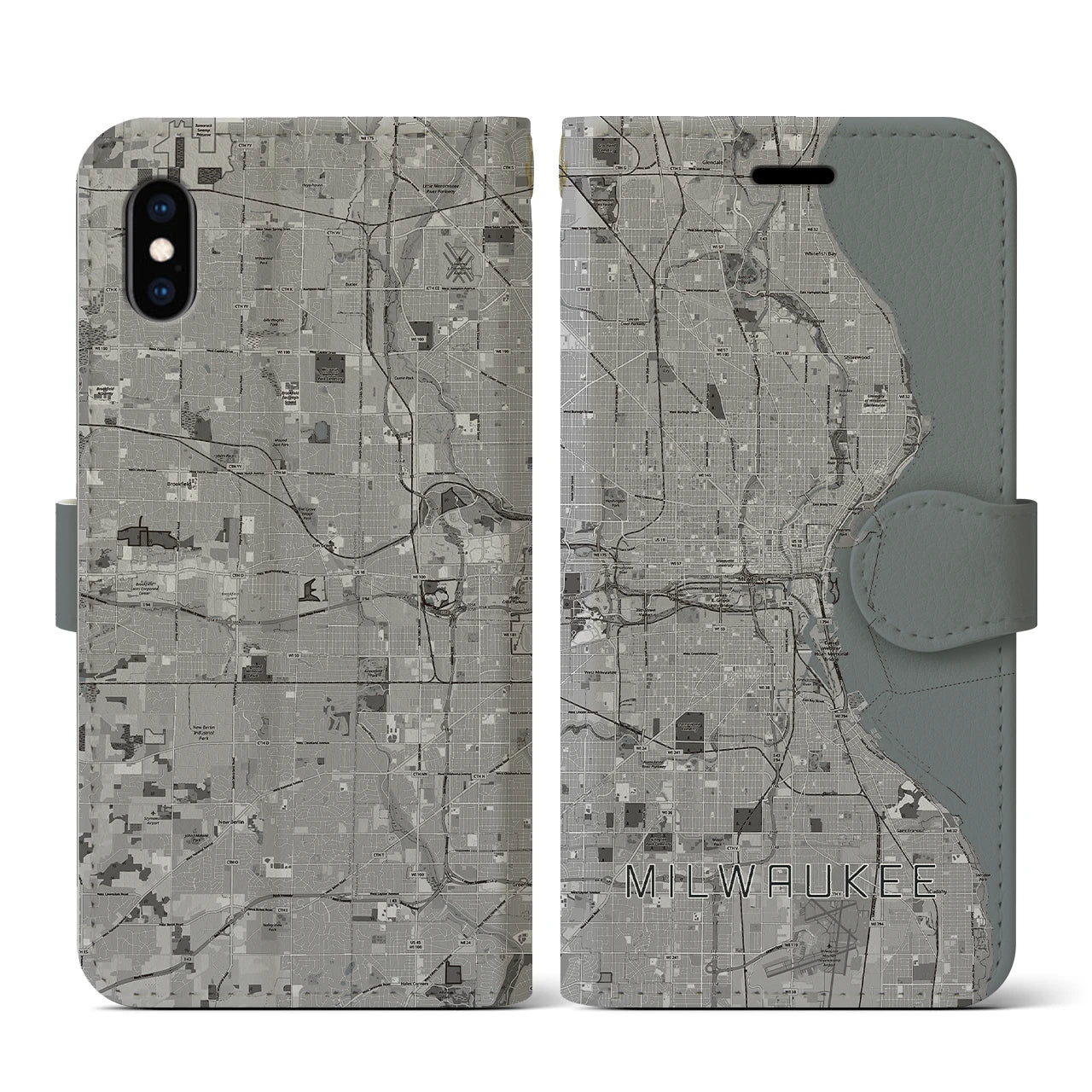 【ミルウォーキー(アメリカ)】地図柄iPhoneケース(手帳タイプ)モノトーン・iPhone XS / X 用