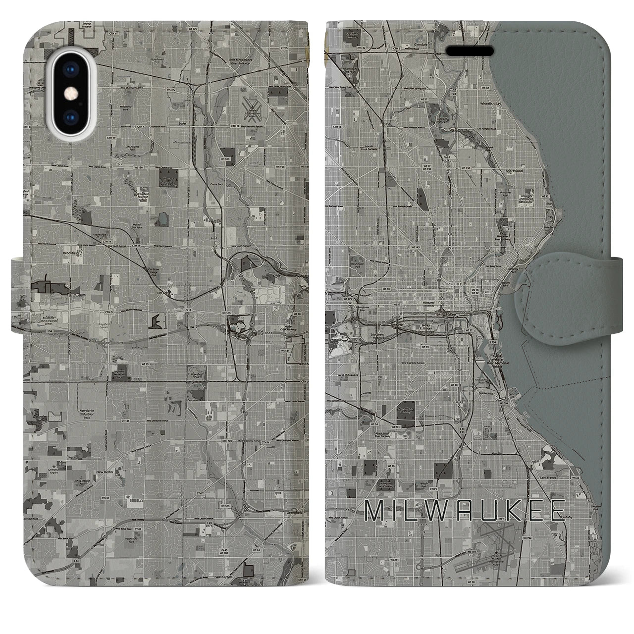 【ミルウォーキー(アメリカ)】地図柄iPhoneケース(手帳タイプ)モノトーン・iPhone XS Max 用