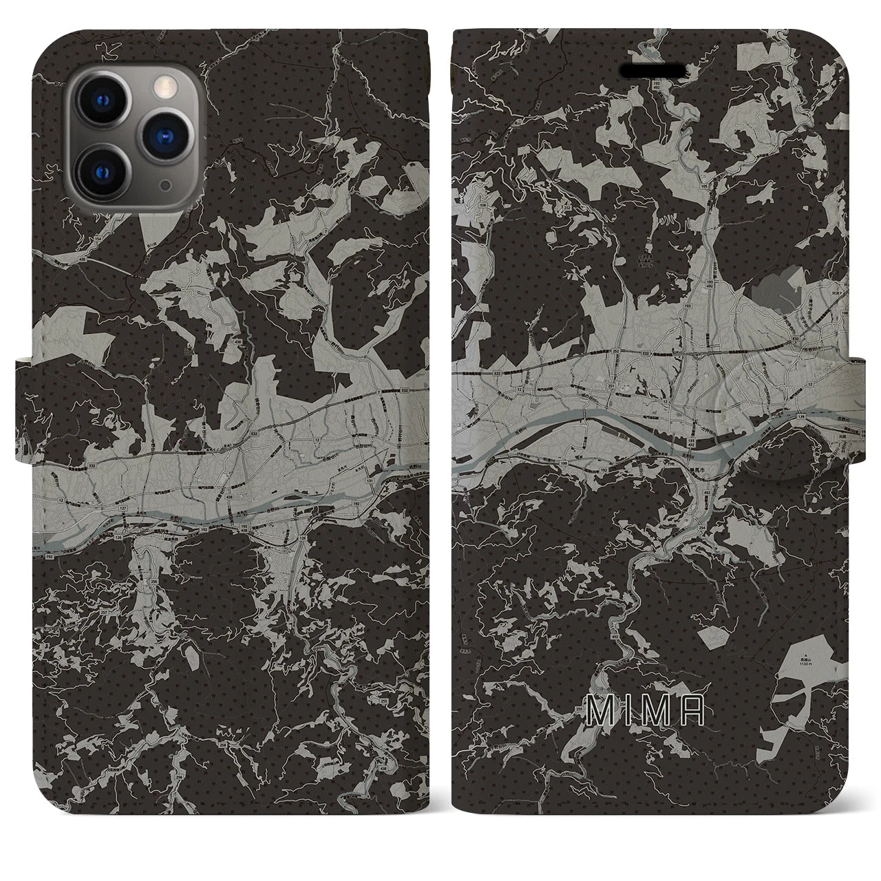 【美馬(徳島県)】地図柄iPhoneケース(手帳タイプ)モノトーン・iPhone 11 Pro Max 用