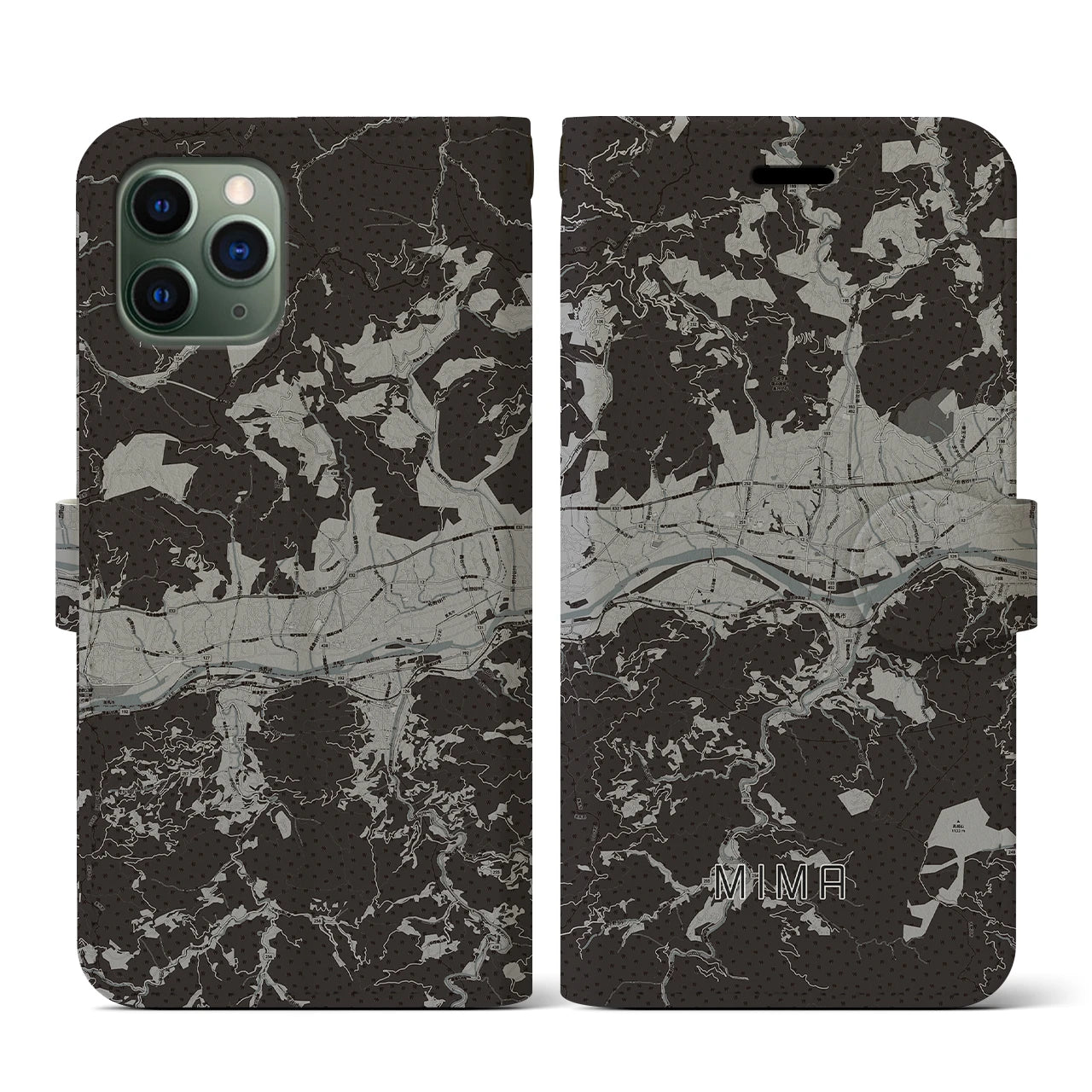 【美馬(徳島県)】地図柄iPhoneケース(手帳タイプ)モノトーン・iPhone 11 Pro 用