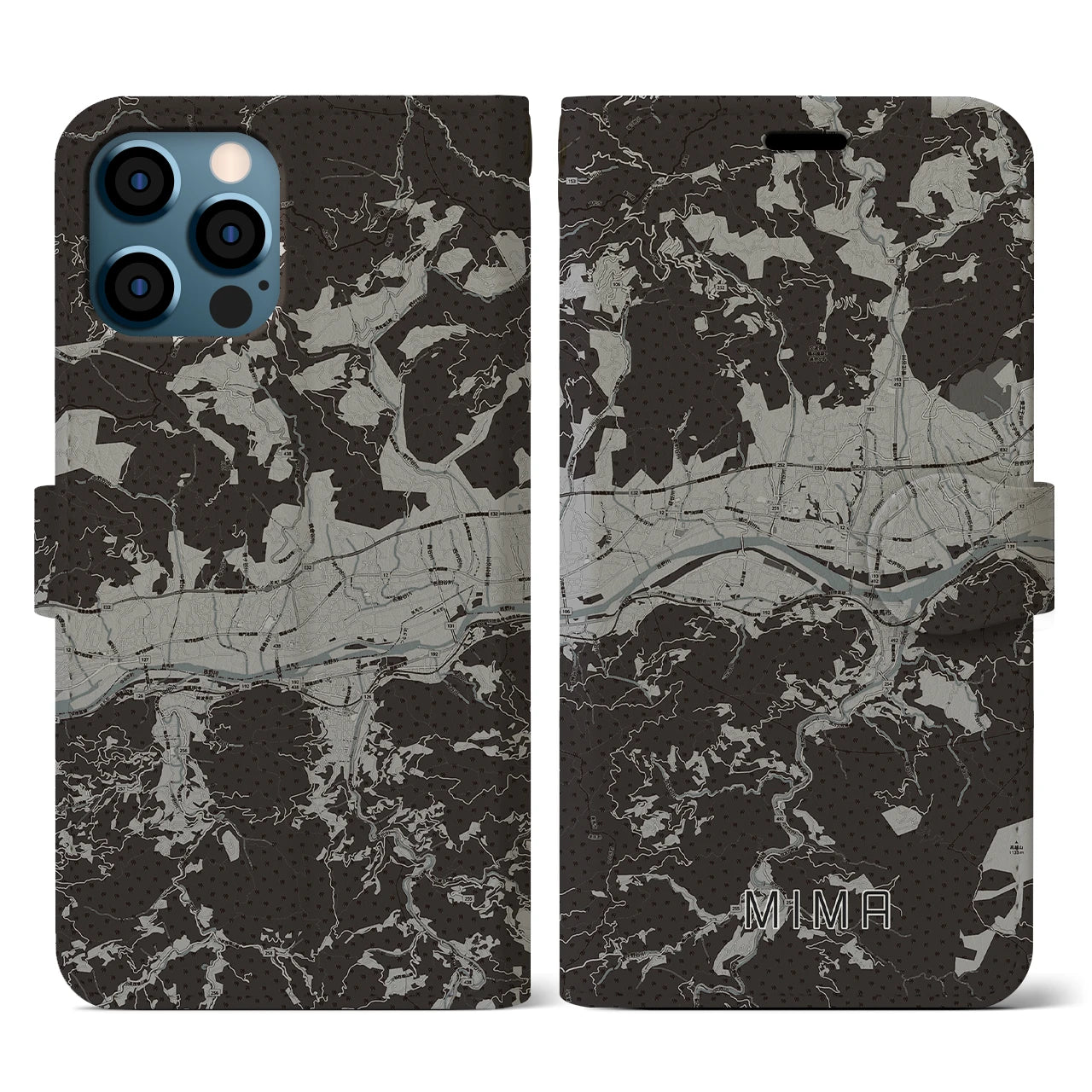 【美馬(徳島県)】地図柄iPhoneケース(手帳タイプ)モノトーン・iPhone 12 / 12 Pro 用