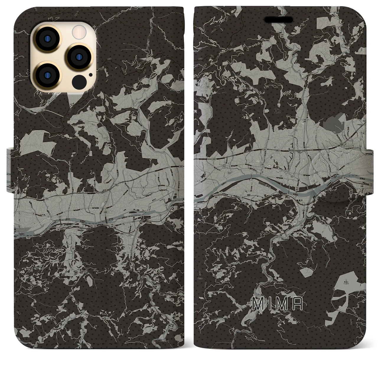【美馬(徳島県)】地図柄iPhoneケース(手帳タイプ)モノトーン・iPhone 12 Pro Max 用