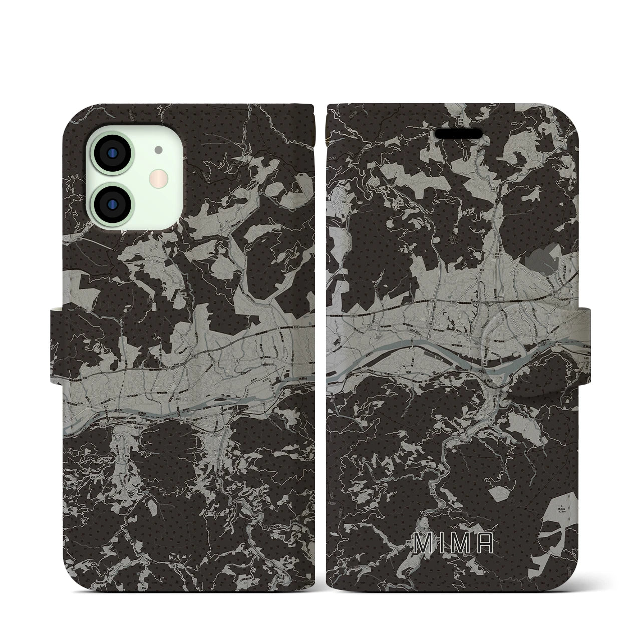 【美馬(徳島県)】地図柄iPhoneケース(手帳タイプ)モノトーン・iPhone 12 mini 用