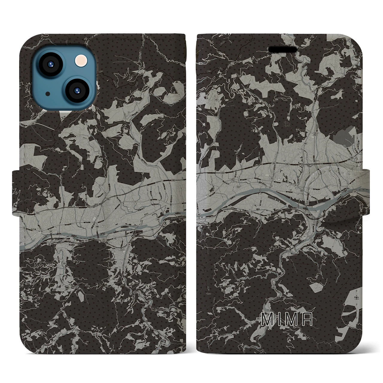 【美馬(徳島県)】地図柄iPhoneケース(手帳タイプ)モノトーン・iPhone 13 用