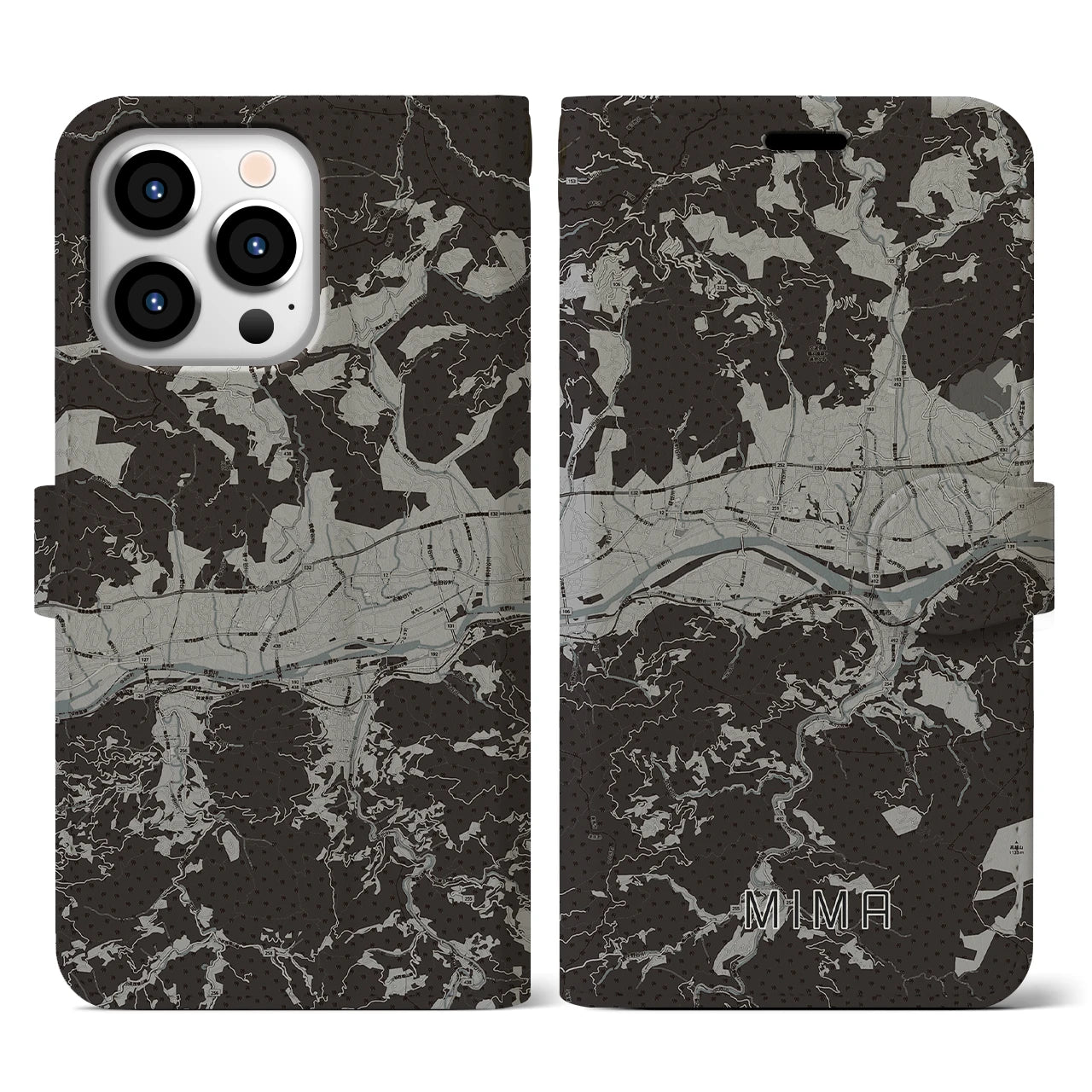 【美馬(徳島県)】地図柄iPhoneケース(手帳タイプ)モノトーン・iPhone 13 Pro 用