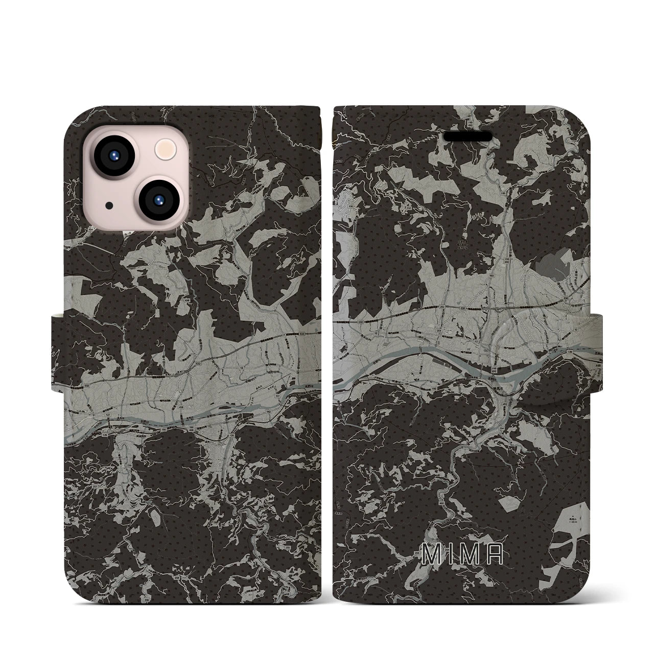 【美馬(徳島県)】地図柄iPhoneケース(手帳タイプ)モノトーン・iPhone 13 mini 用