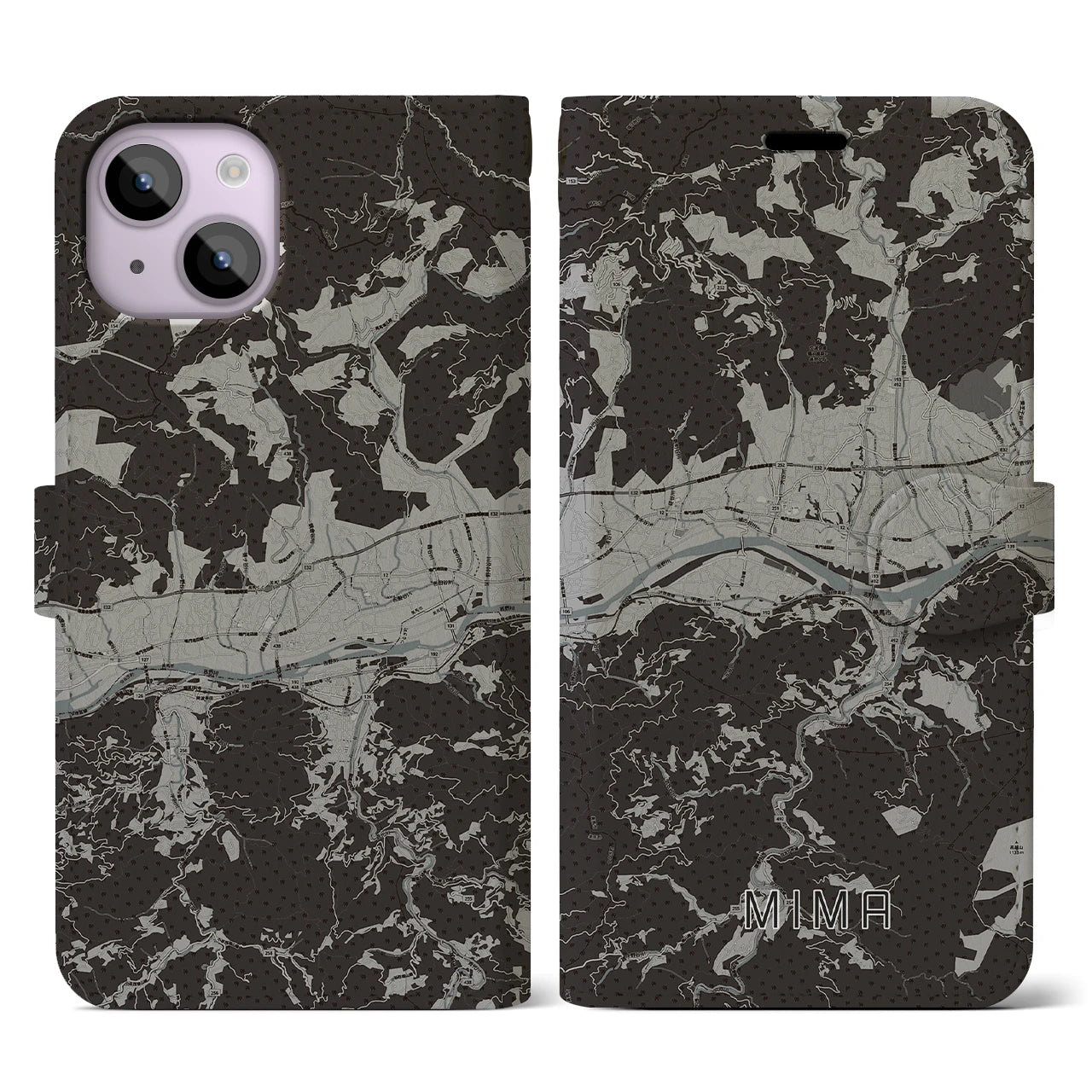 【美馬(徳島県)】地図柄iPhoneケース(手帳タイプ)モノトーン・iPhone 14 用