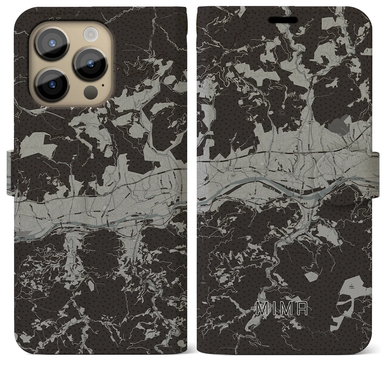 【美馬(徳島県)】地図柄iPhoneケース(手帳タイプ)モノトーン・iPhone 14 Pro Max 用