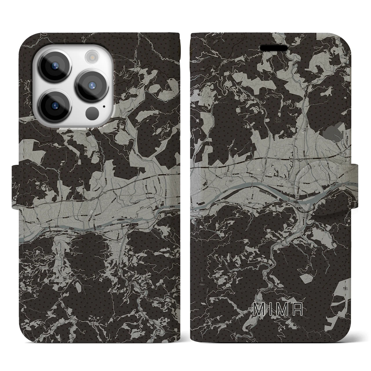 【美馬(徳島県)】地図柄iPhoneケース(手帳タイプ)モノトーン・iPhone 14 Pro 用