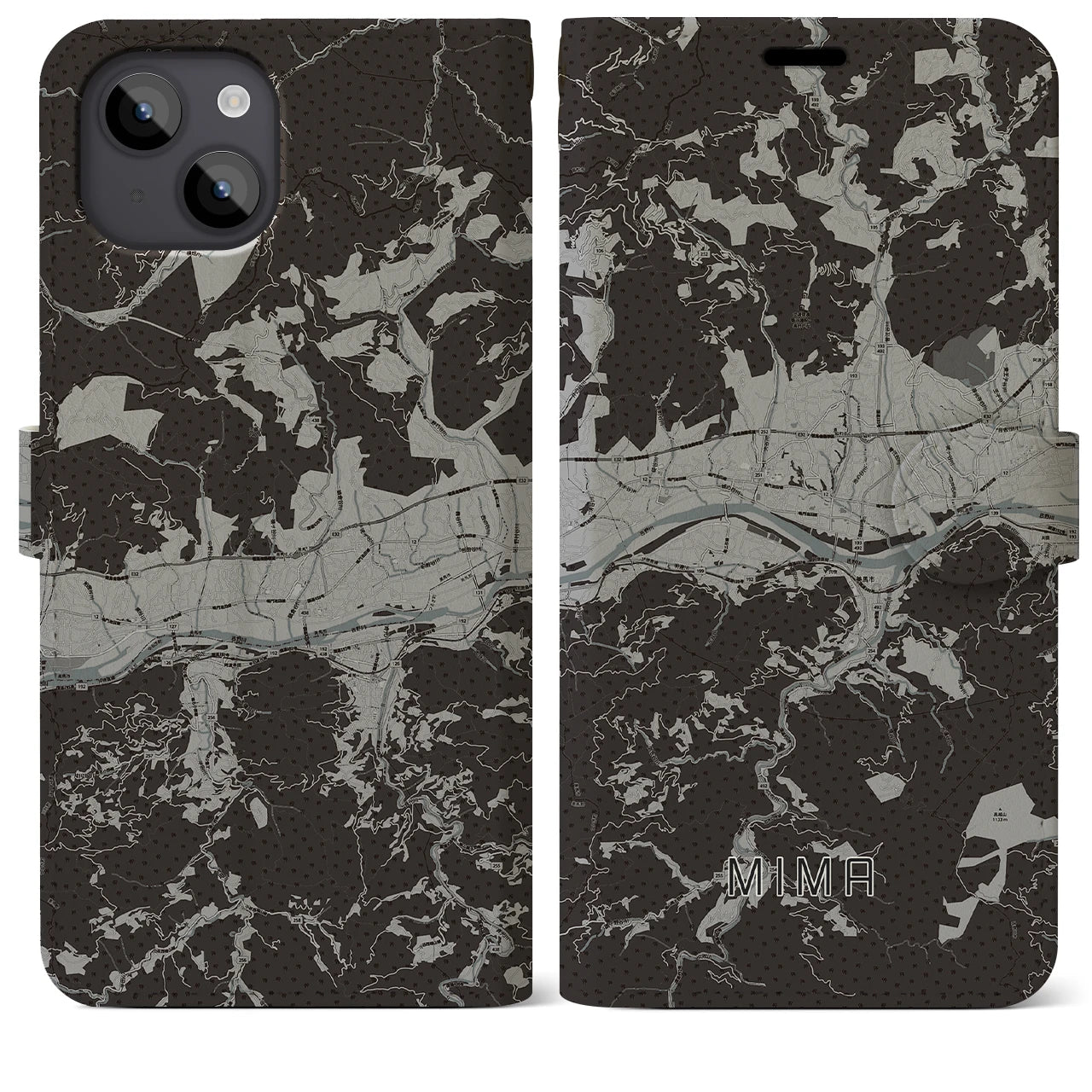 【美馬(徳島県)】地図柄iPhoneケース(手帳タイプ)モノトーン・iPhone 14 Plus 用