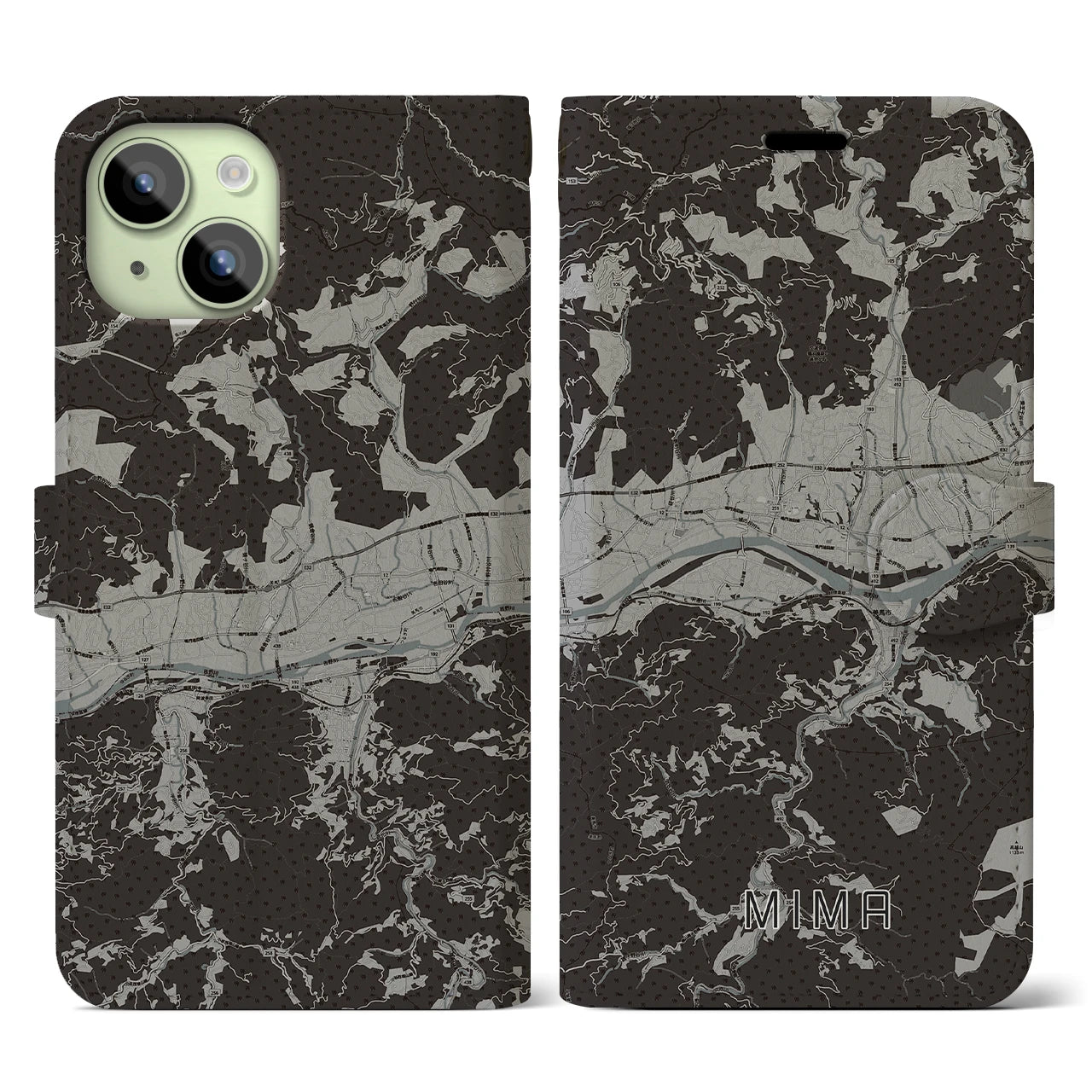 【美馬(徳島県)】地図柄iPhoneケース(手帳タイプ)モノトーン・iPhone 15 用