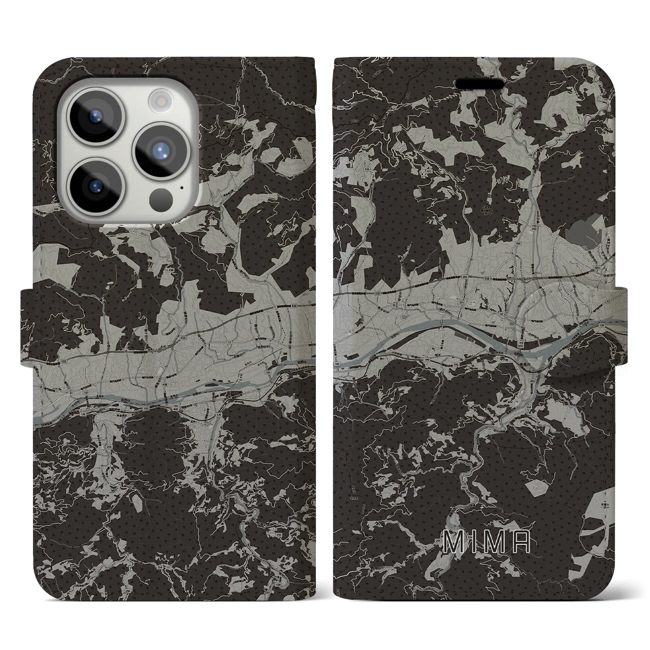 【美馬(徳島県)】地図柄iPhoneケース(手帳タイプ)モノトーン・iPhone 15 Pro 用