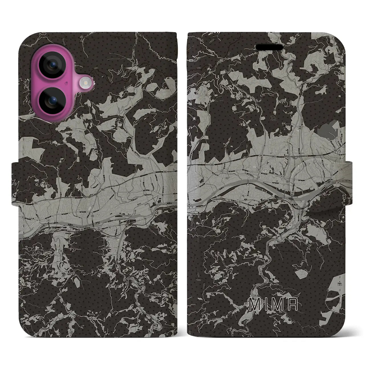 【美馬(徳島県)】地図柄iPhoneケース(手帳タイプ)モノトーン・iPhone 16 Pro 用