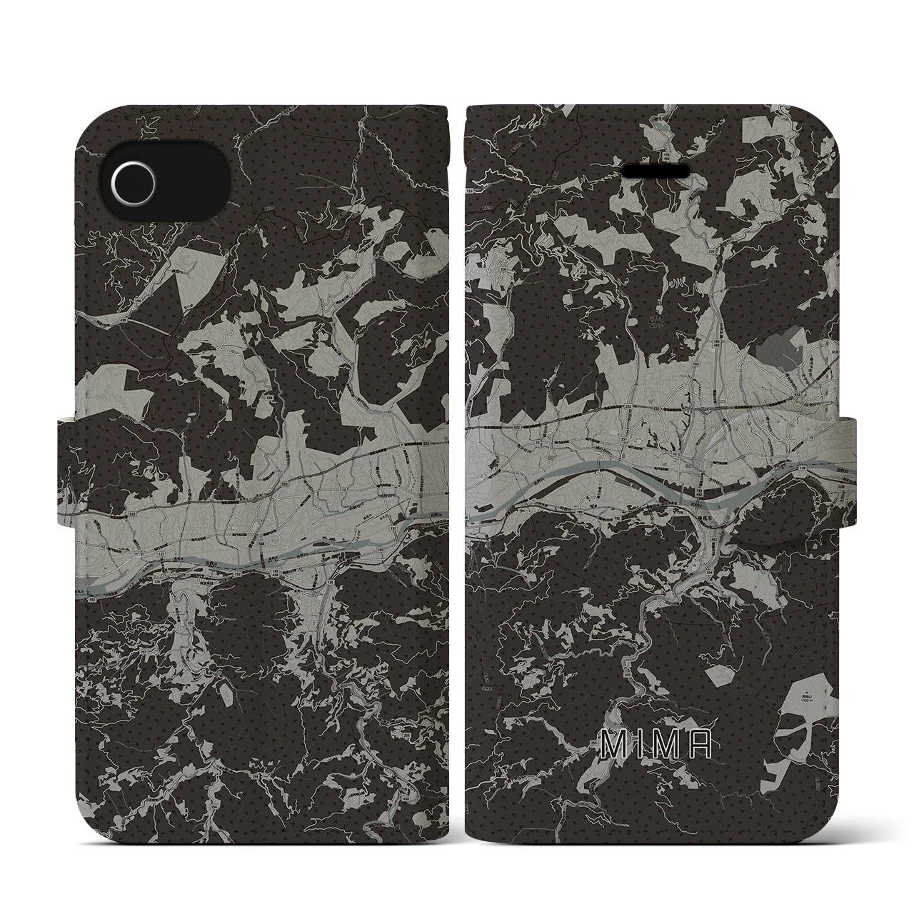 【美馬(徳島県)】地図柄iPhoneケース(手帳タイプ)モノトーン・iPhone SE(第3 / 第2世代) / 8 / 7 / 6s / 6 用