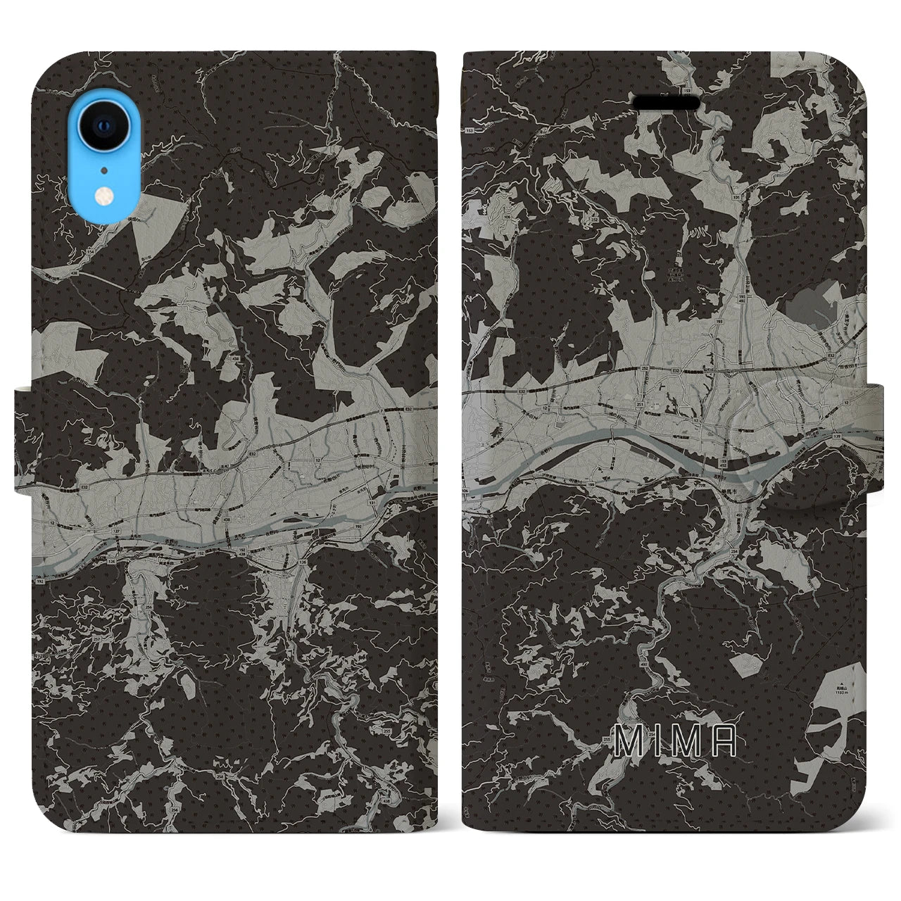 【美馬(徳島県)】地図柄iPhoneケース(手帳タイプ)モノトーン・iPhone XR 用