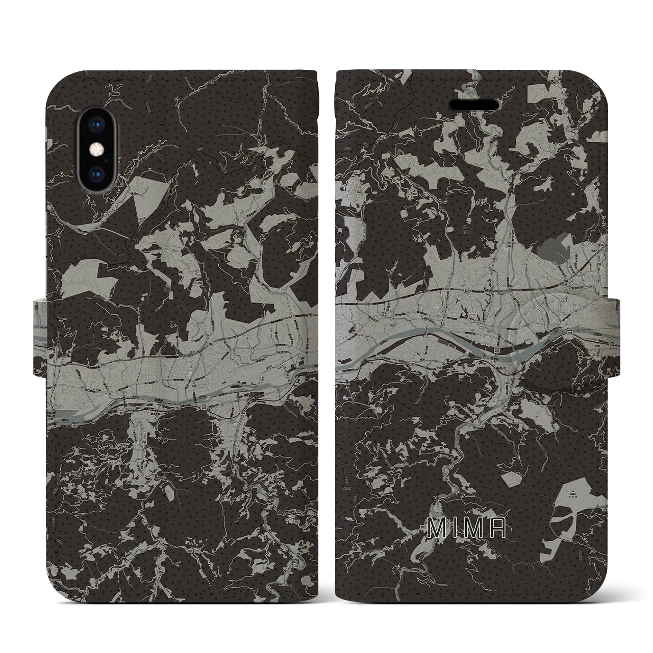 【美馬(徳島県)】地図柄iPhoneケース(手帳タイプ)モノトーン・iPhone XS / X 用