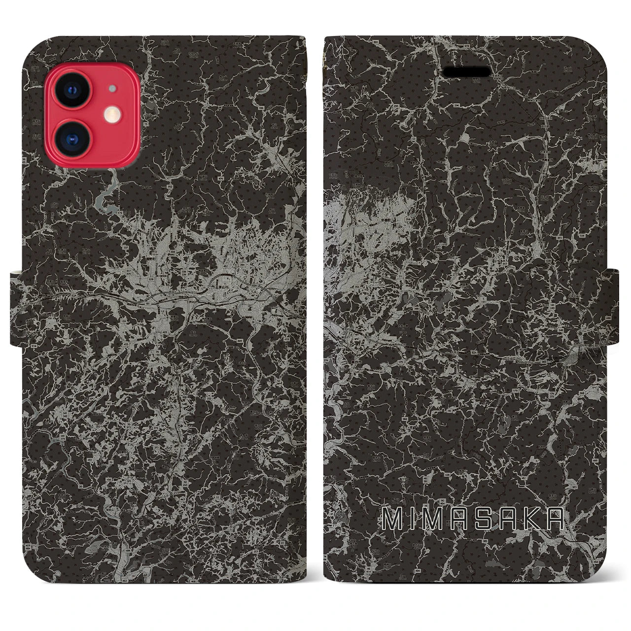 【美作(岡山県)】地図柄iPhoneケース(手帳タイプ)モノトーン・iPhone 11 用