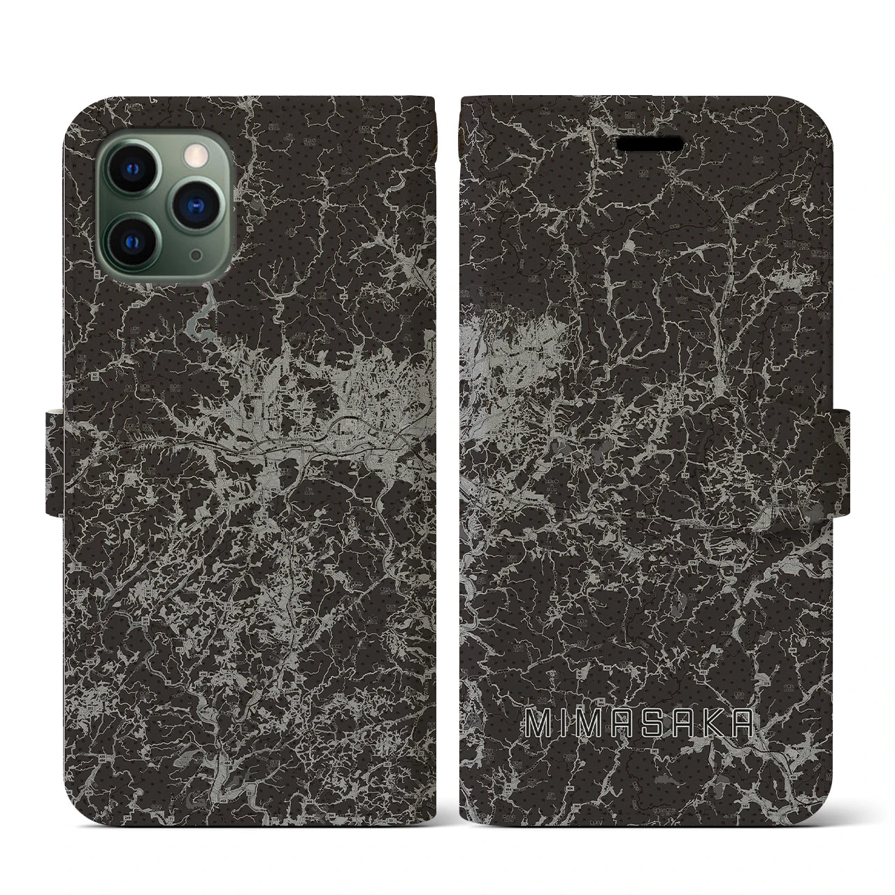 【美作(岡山県)】地図柄iPhoneケース(手帳タイプ)モノトーン・iPhone 11 Pro 用