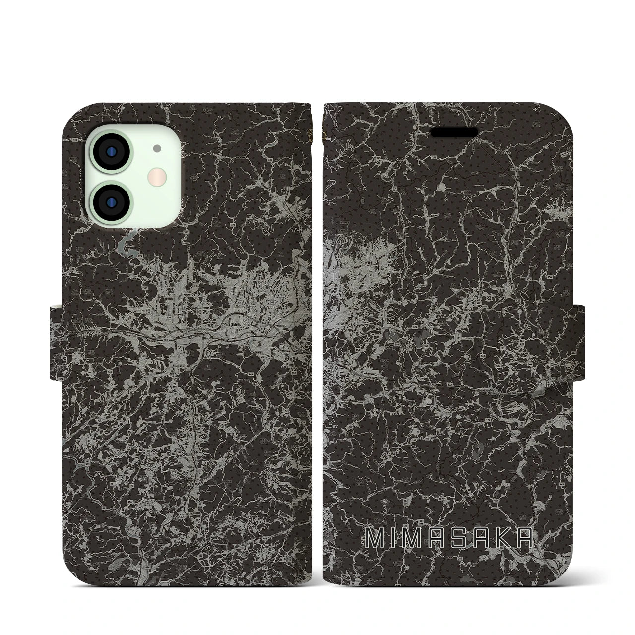 【美作(岡山県)】地図柄iPhoneケース(手帳タイプ)モノトーン・iPhone 12 mini 用