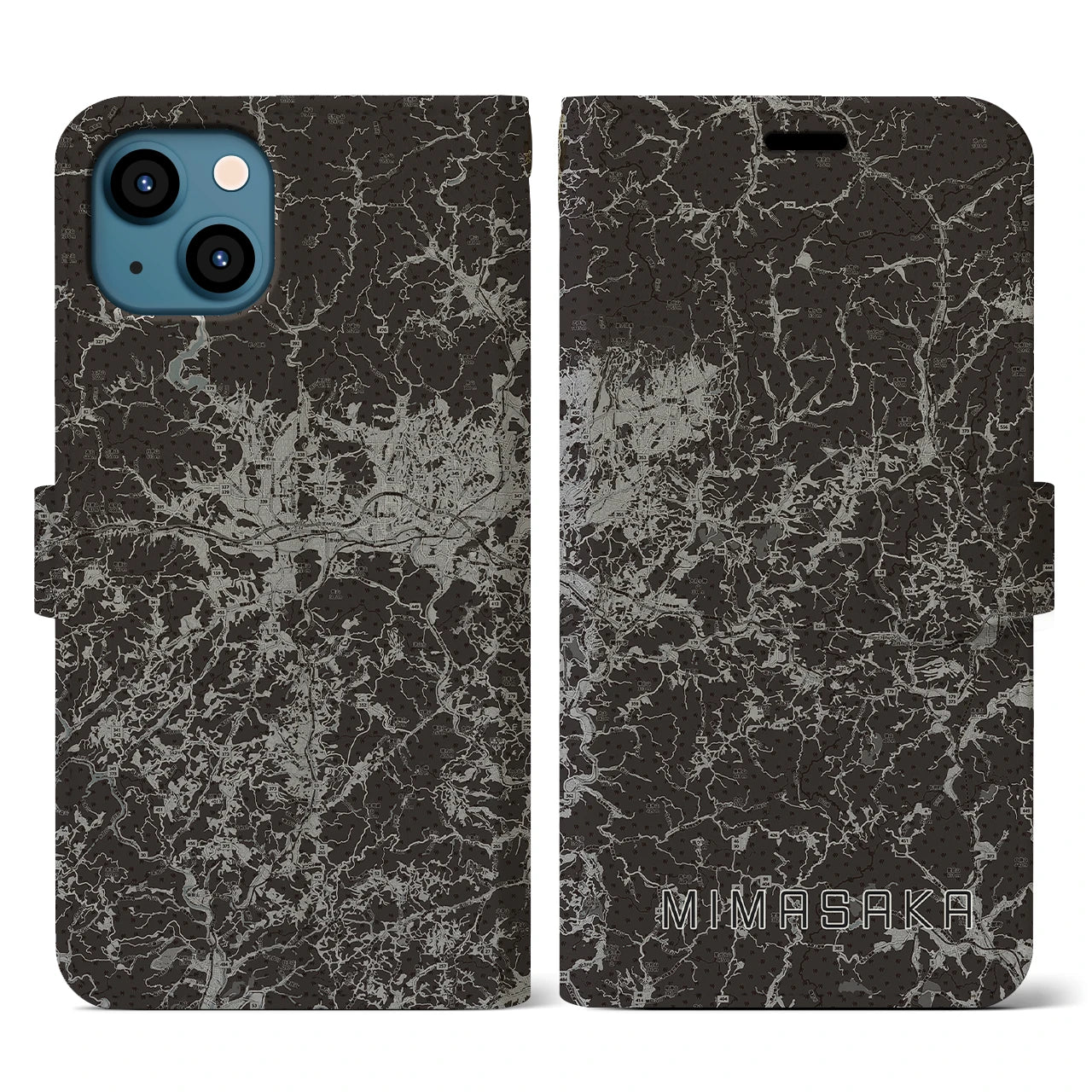 【美作(岡山県)】地図柄iPhoneケース(手帳タイプ)モノトーン・iPhone 13 用