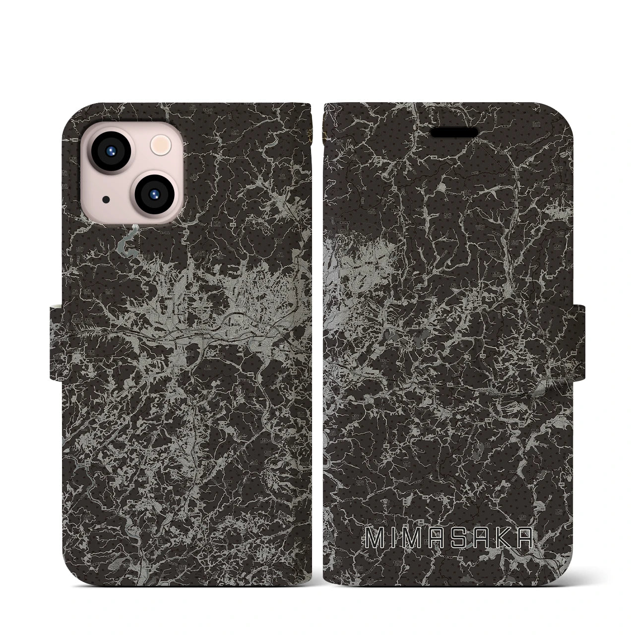 【美作(岡山県)】地図柄iPhoneケース(手帳タイプ)モノトーン・iPhone 13 mini 用
