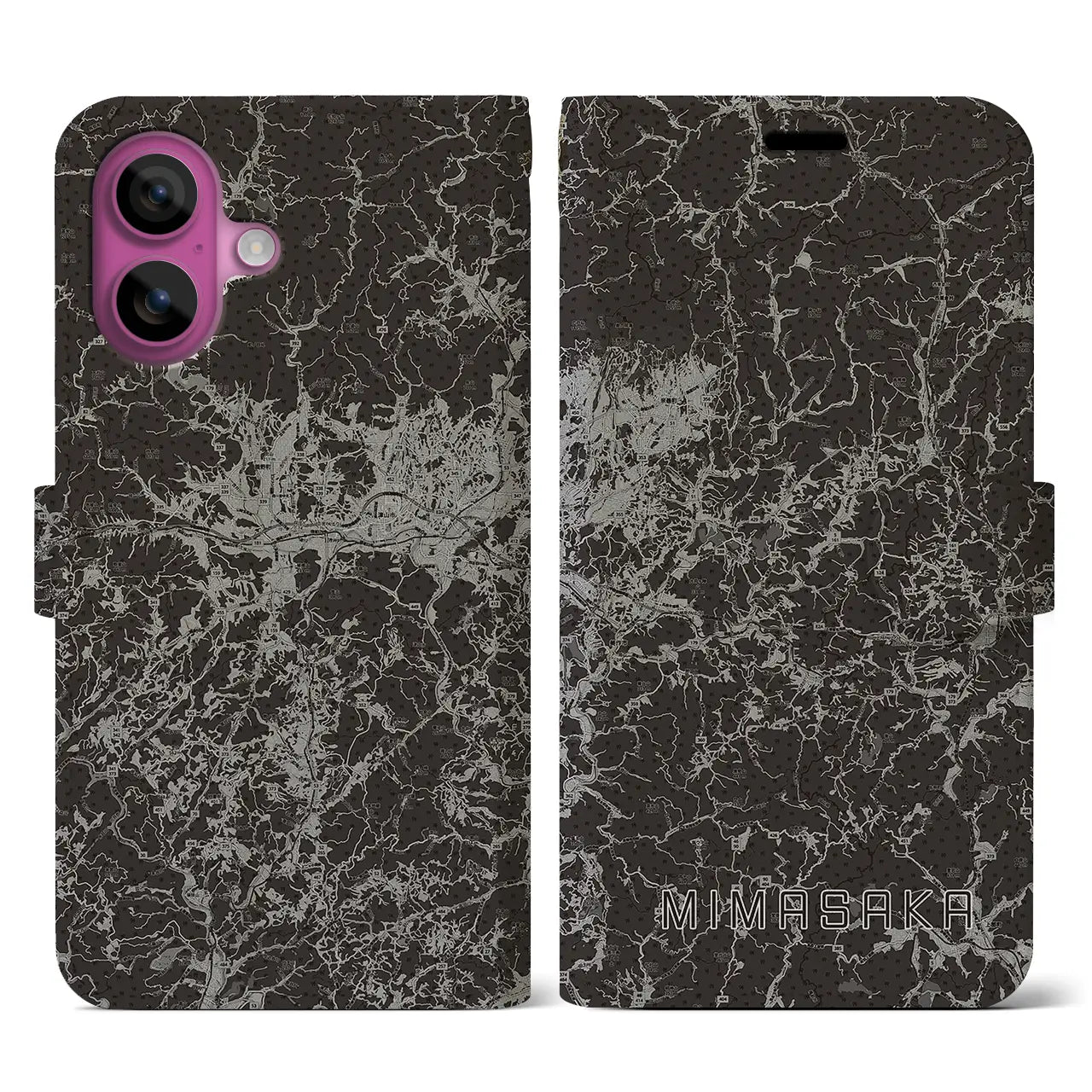 【美作(岡山県)】地図柄iPhoneケース(手帳タイプ)モノトーン・iPhone 16 Pro 用
