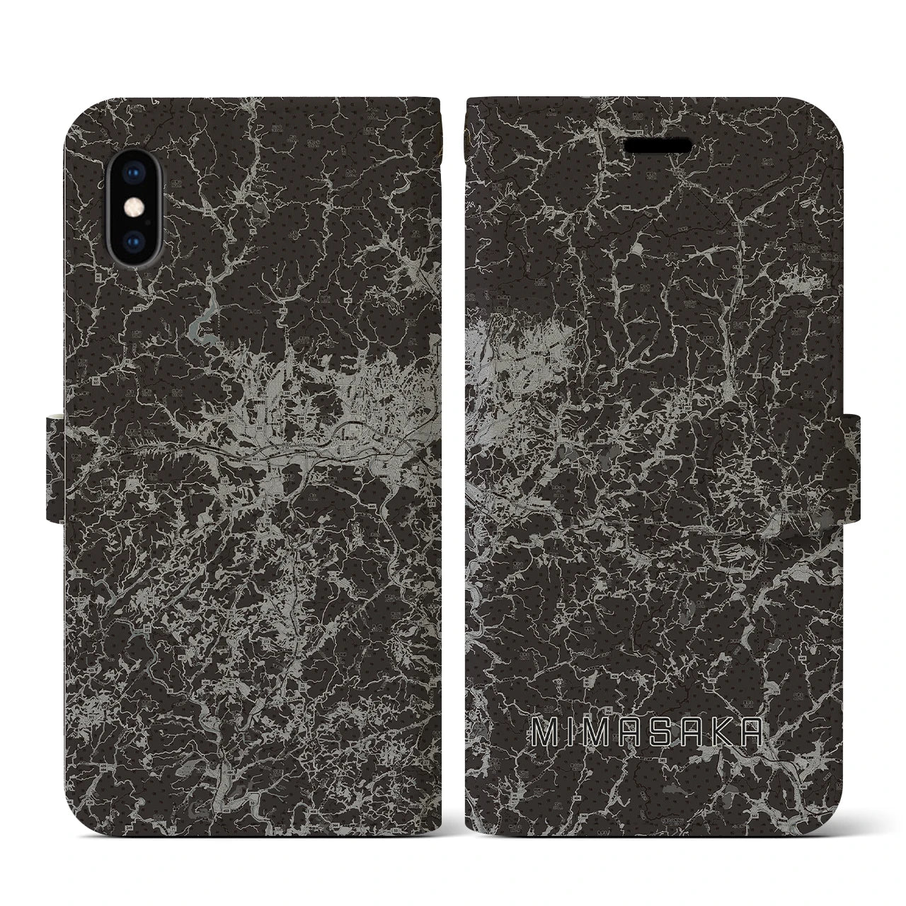 【美作(岡山県)】地図柄iPhoneケース(手帳タイプ)モノトーン・iPhone XS / X 用