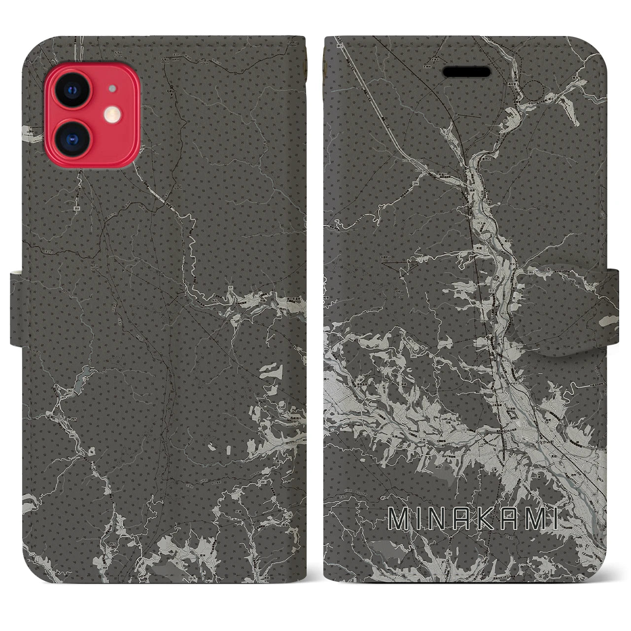 【みなかみ(群馬県)】地図柄iPhoneケース(手帳タイプ)モノトーン・iPhone 11 用