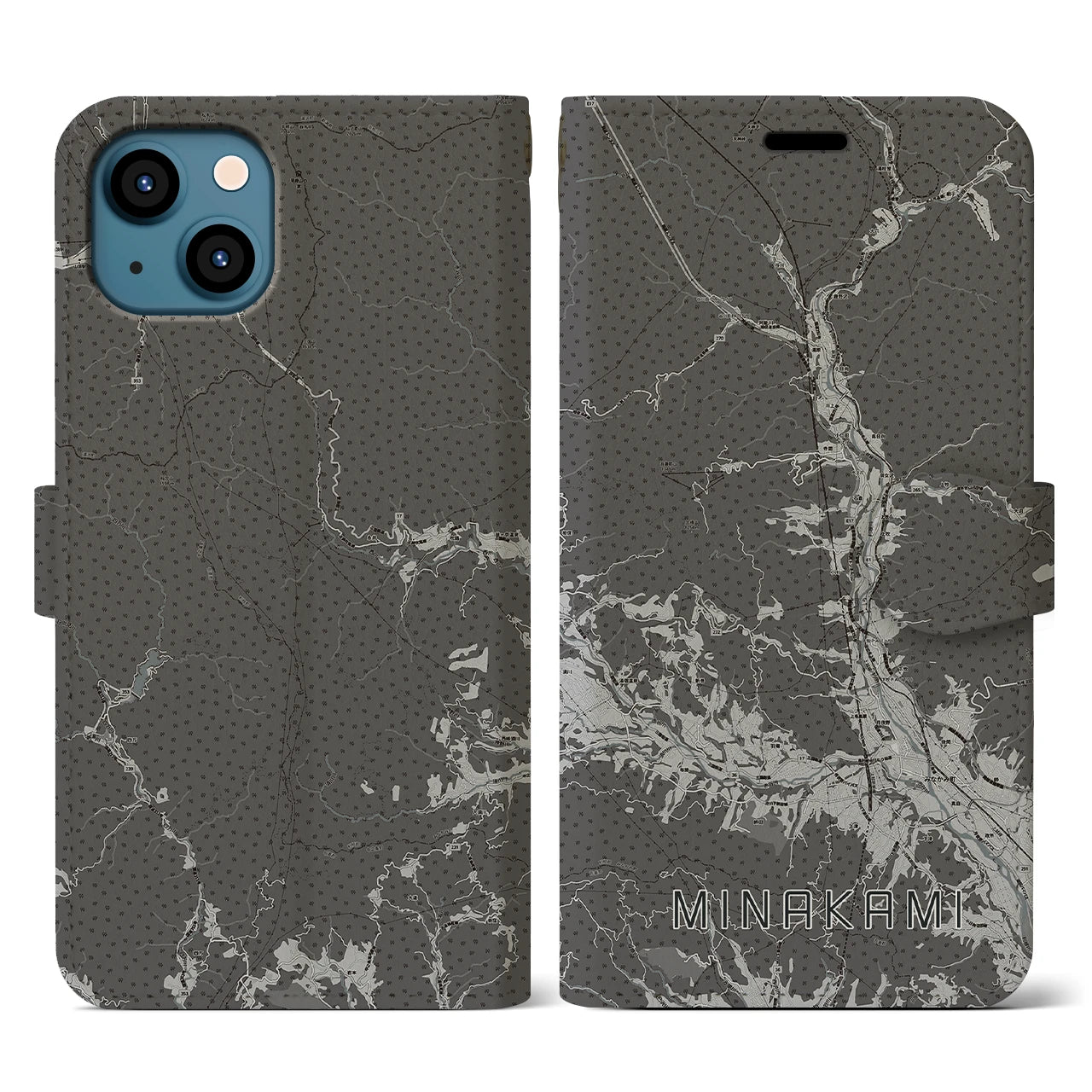 【みなかみ(群馬県)】地図柄iPhoneケース(手帳タイプ)モノトーン・iPhone 13 用