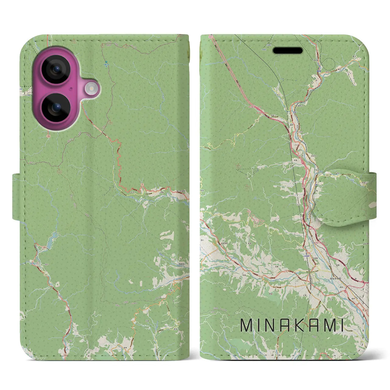 【みなかみ(群馬県)】地図柄iPhoneケース(手帳タイプ)ナチュラル・iPhone 16 Pro 用
