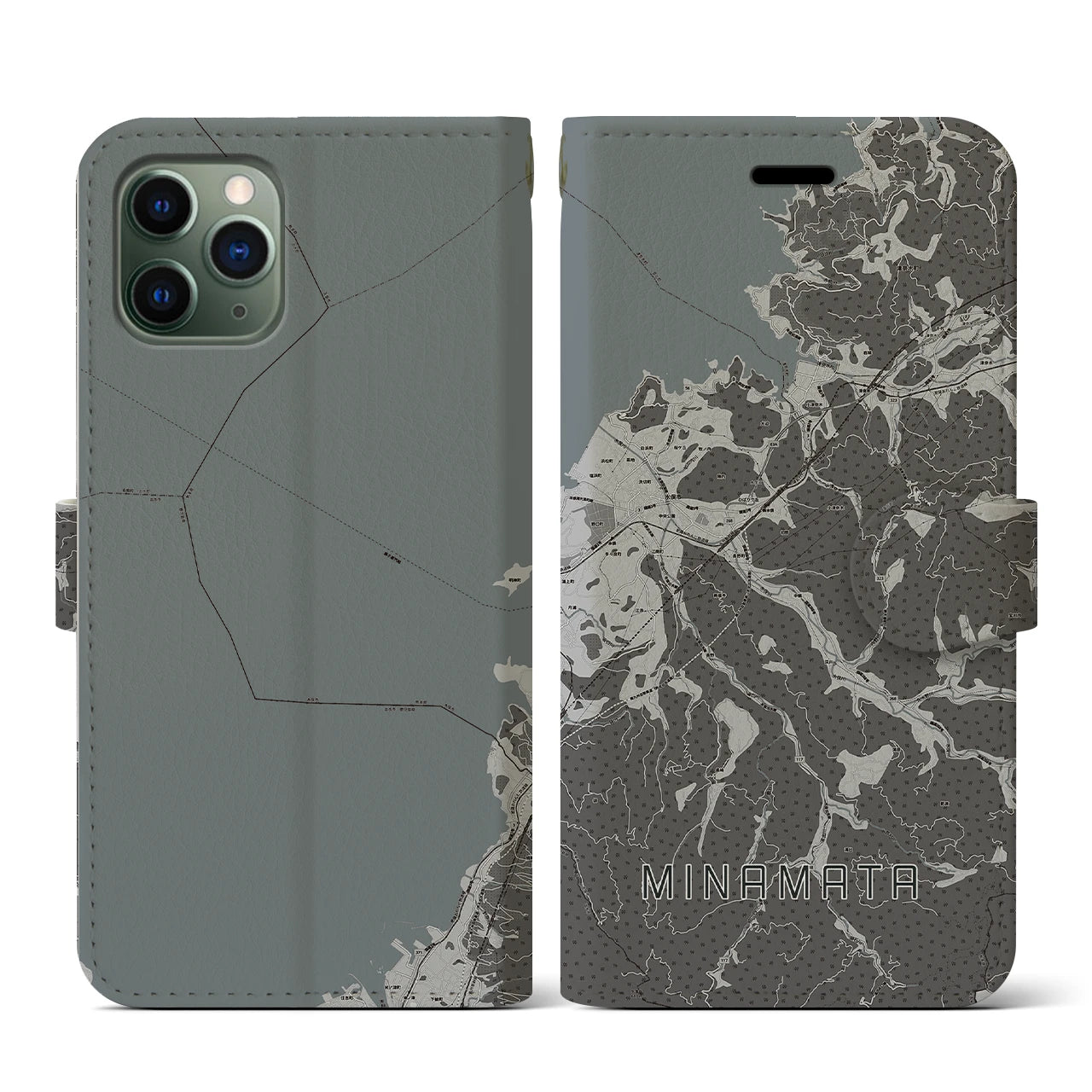 【水俣(熊本県)】地図柄iPhoneケース(手帳タイプ)モノトーン・iPhone 11 Pro 用