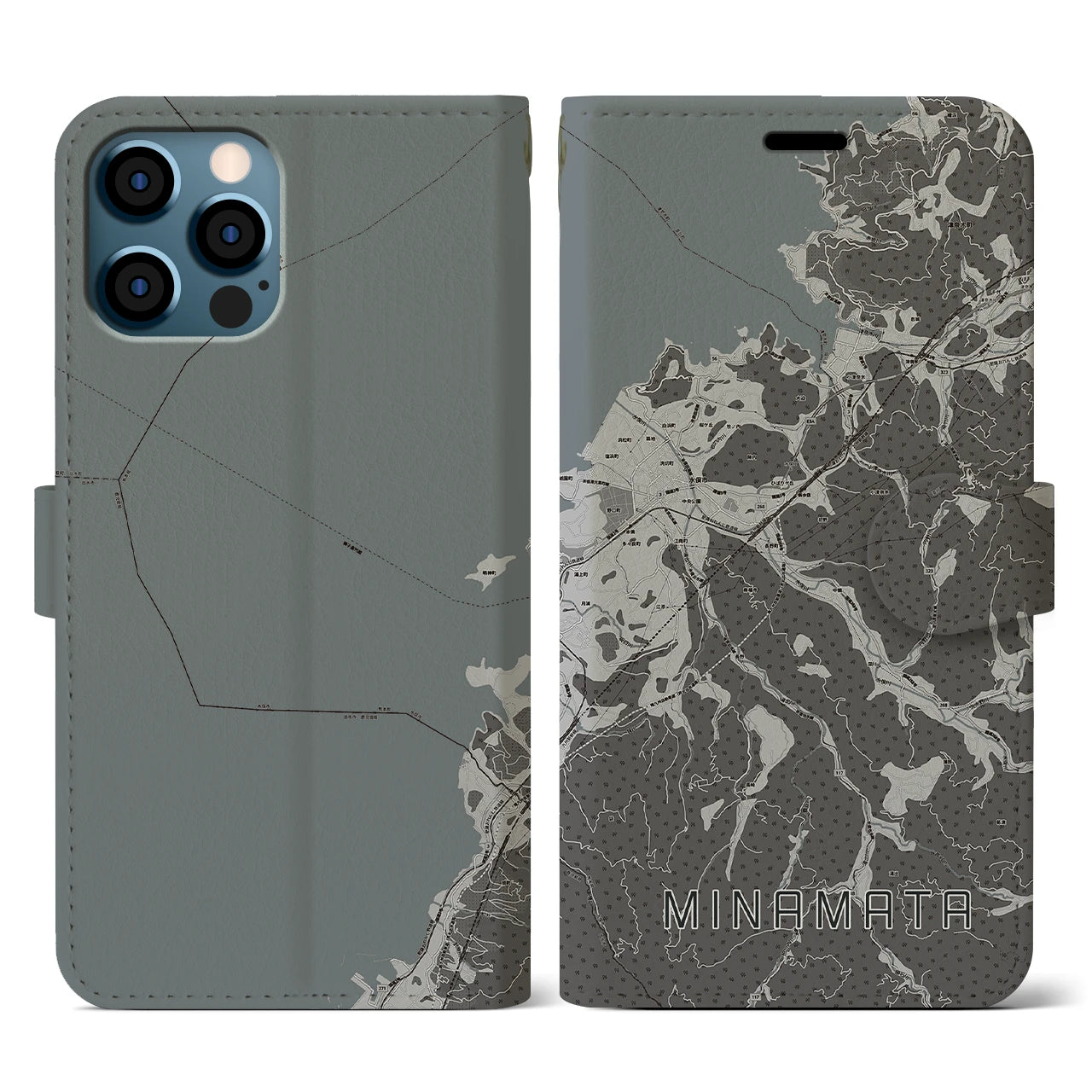 【水俣(熊本県)】地図柄iPhoneケース(手帳タイプ)モノトーン・iPhone 12 / 12 Pro 用