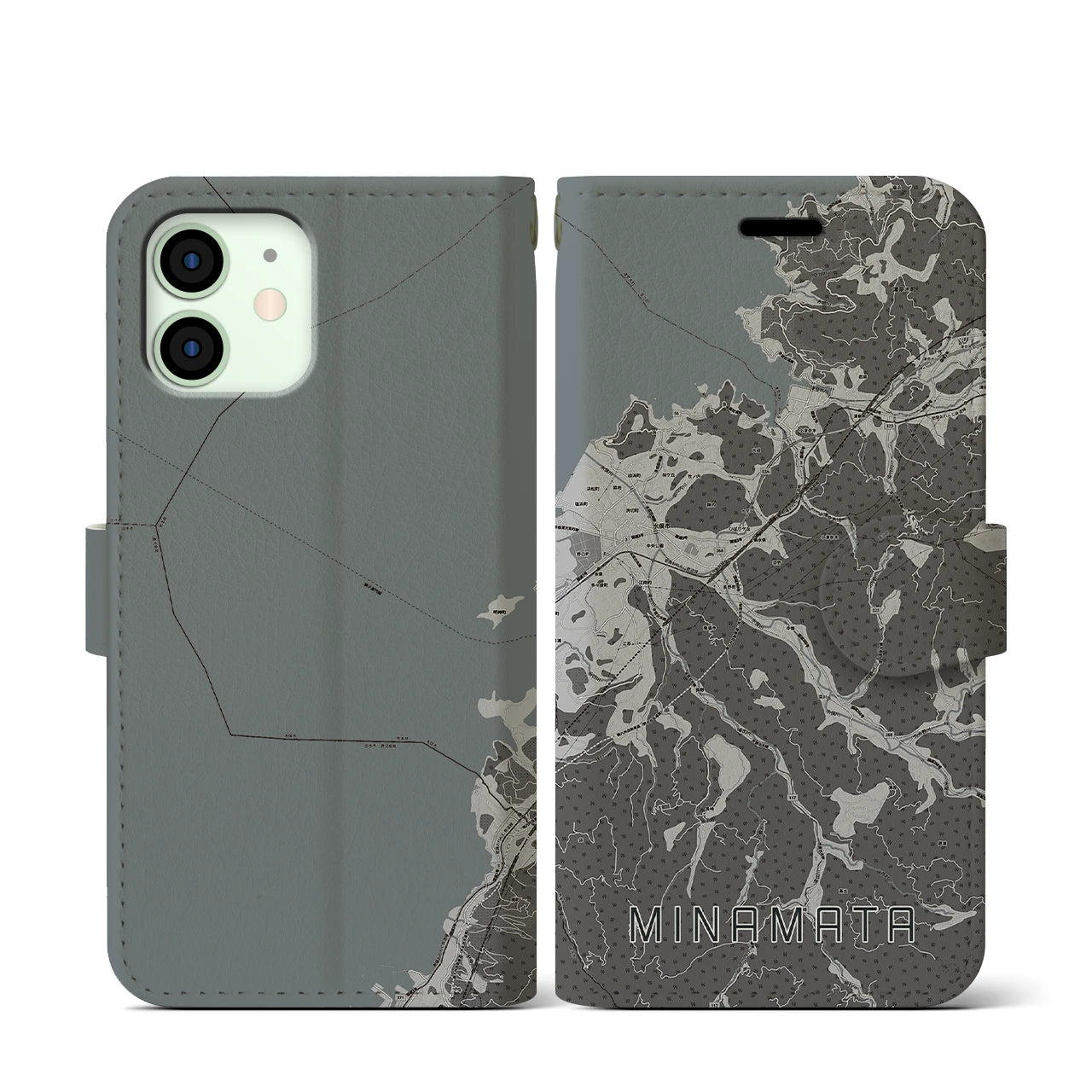 【水俣(熊本県)】地図柄iPhoneケース(手帳タイプ)モノトーン・iPhone 12 mini 用