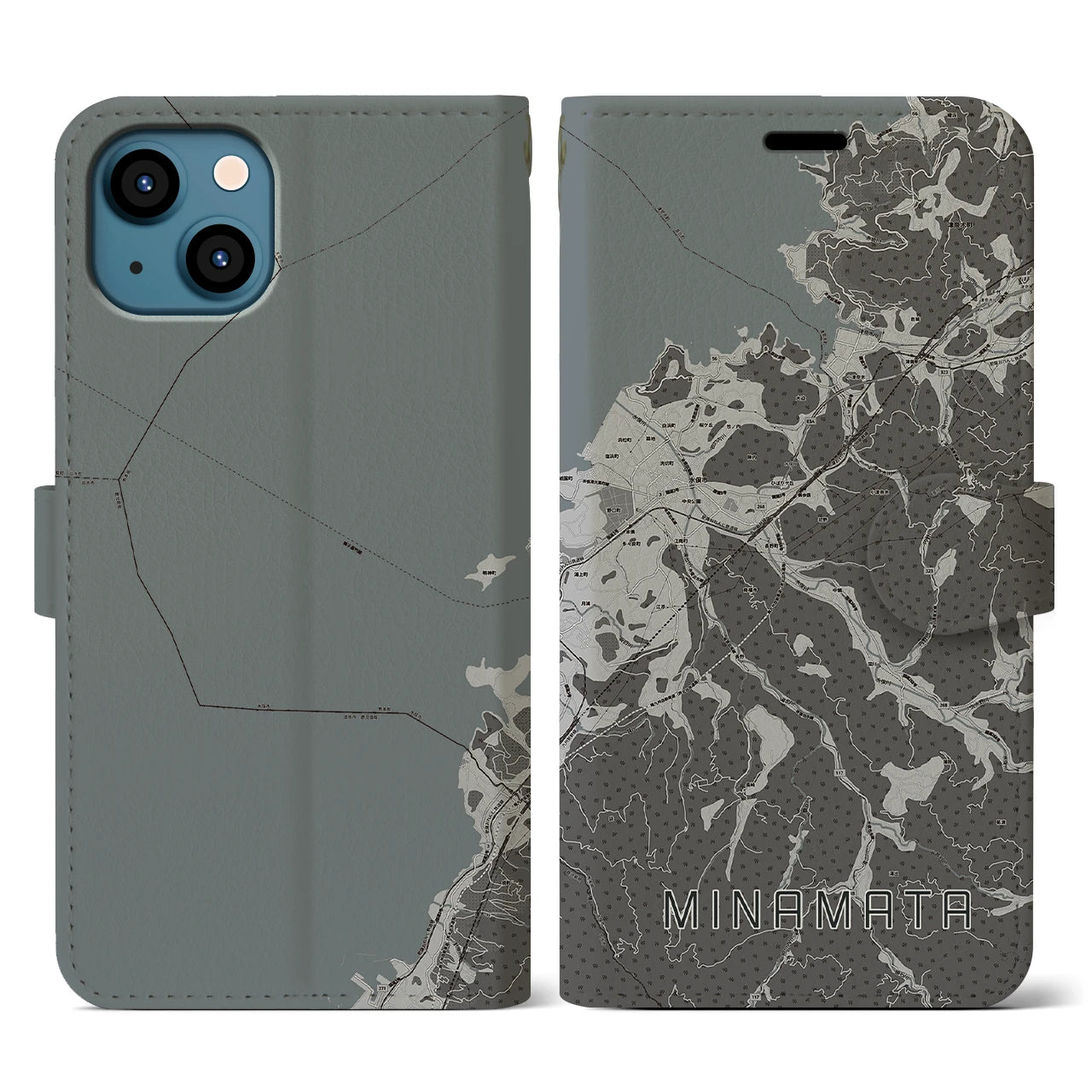 【水俣(熊本県)】地図柄iPhoneケース(手帳タイプ)モノトーン・iPhone 13 用