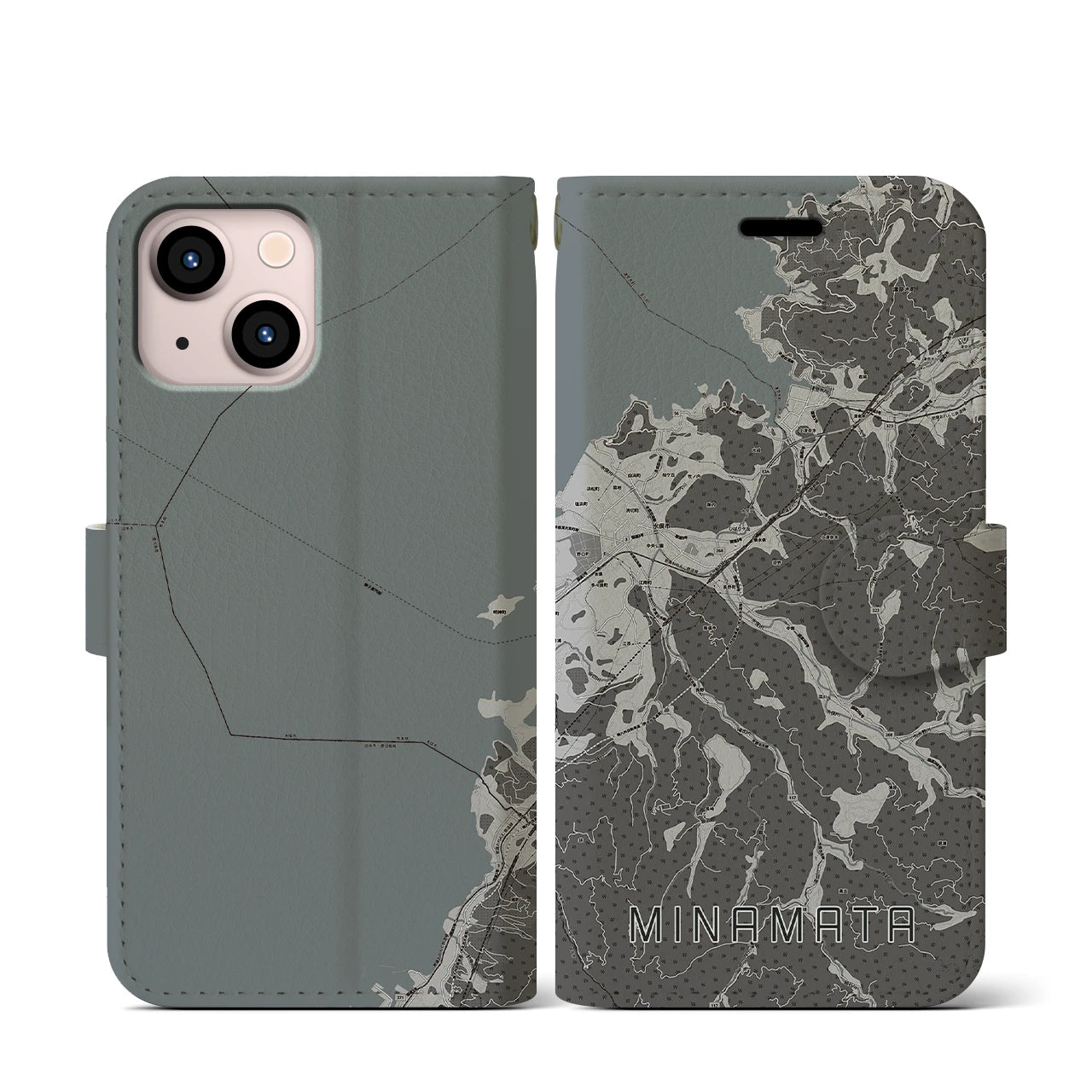 【水俣(熊本県)】地図柄iPhoneケース(手帳タイプ)モノトーン・iPhone 13 mini 用