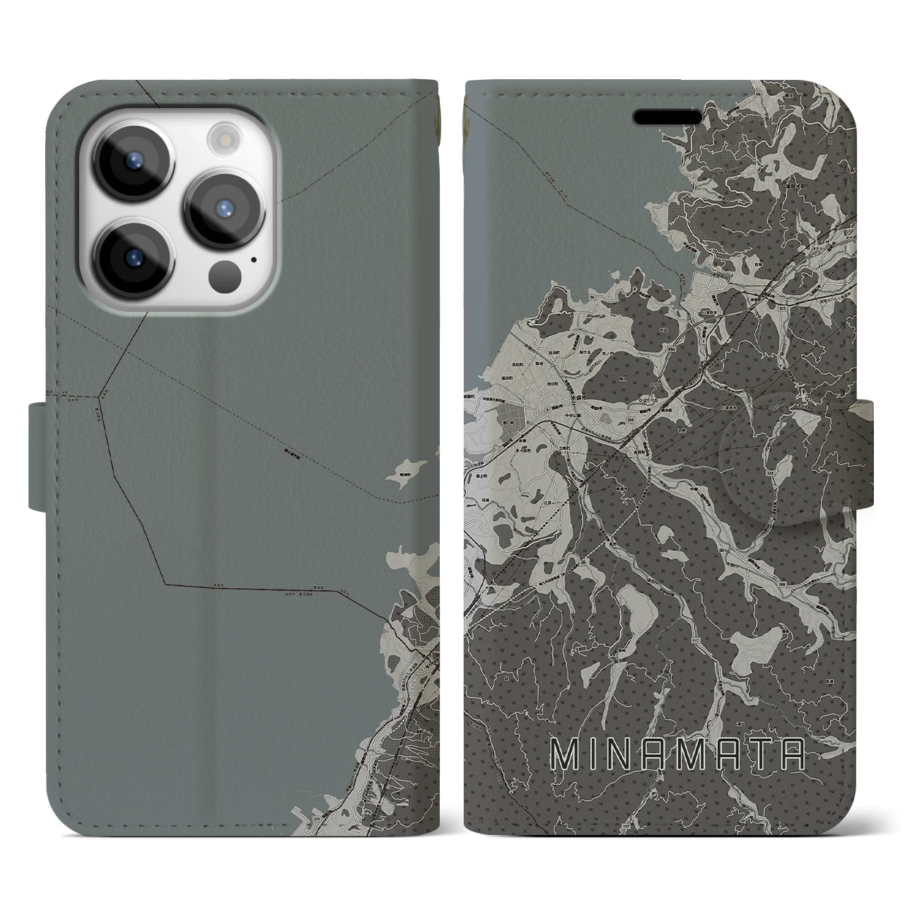 【水俣(熊本県)】地図柄iPhoneケース(手帳タイプ)モノトーン・iPhone 14 Pro 用