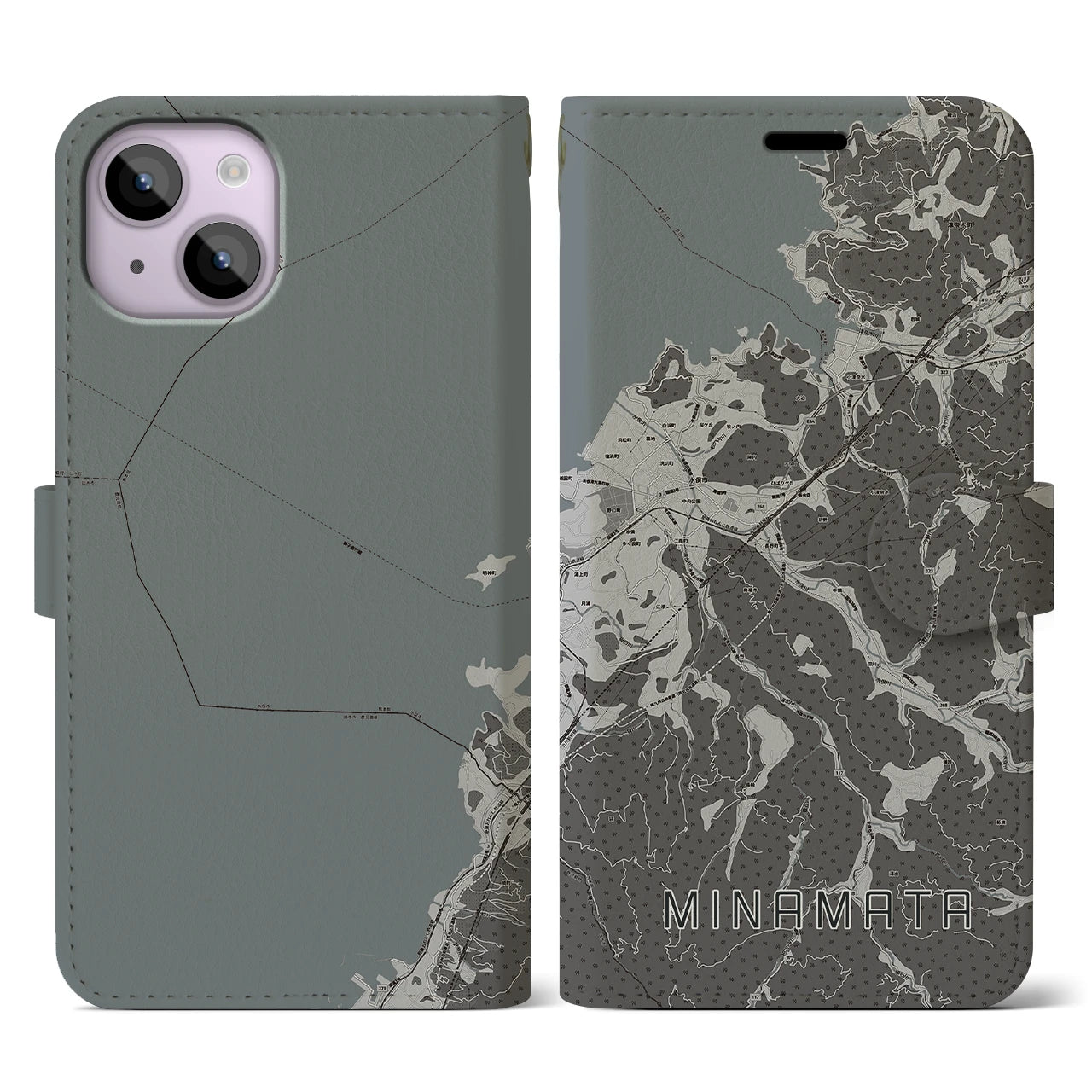 【水俣(熊本県)】地図柄iPhoneケース(手帳タイプ)モノトーン・iPhone 14 用