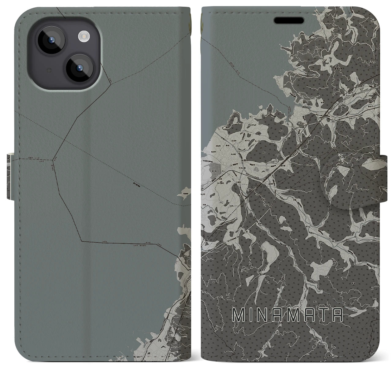 【水俣(熊本県)】地図柄iPhoneケース(手帳タイプ)モノトーン・iPhone 14 Plus 用
