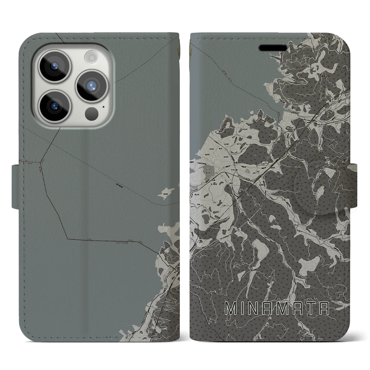 【水俣(熊本県)】地図柄iPhoneケース(手帳タイプ)モノトーン・iPhone 15 Pro 用