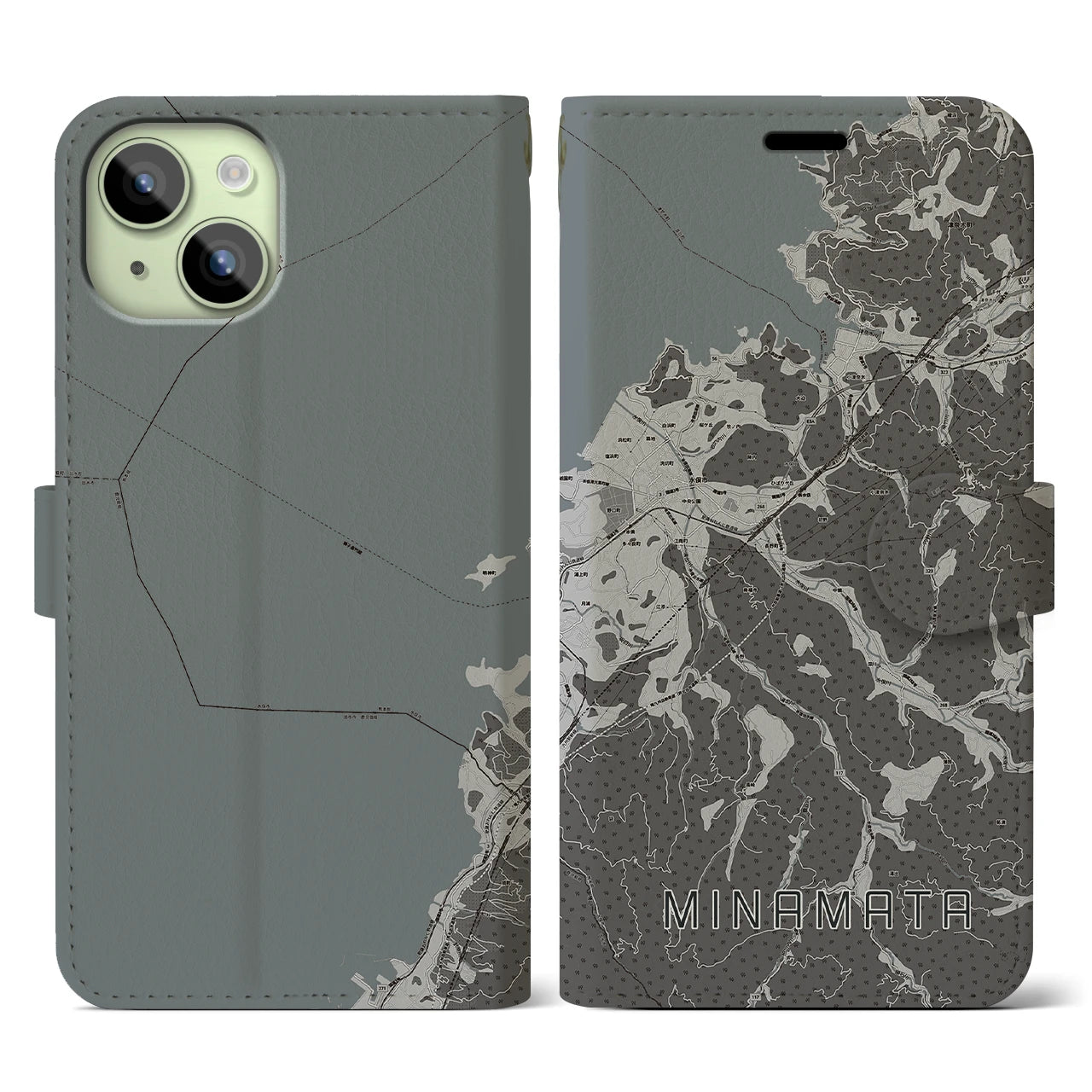 【水俣(熊本県)】地図柄iPhoneケース(手帳タイプ)モノトーン・iPhone 15 用