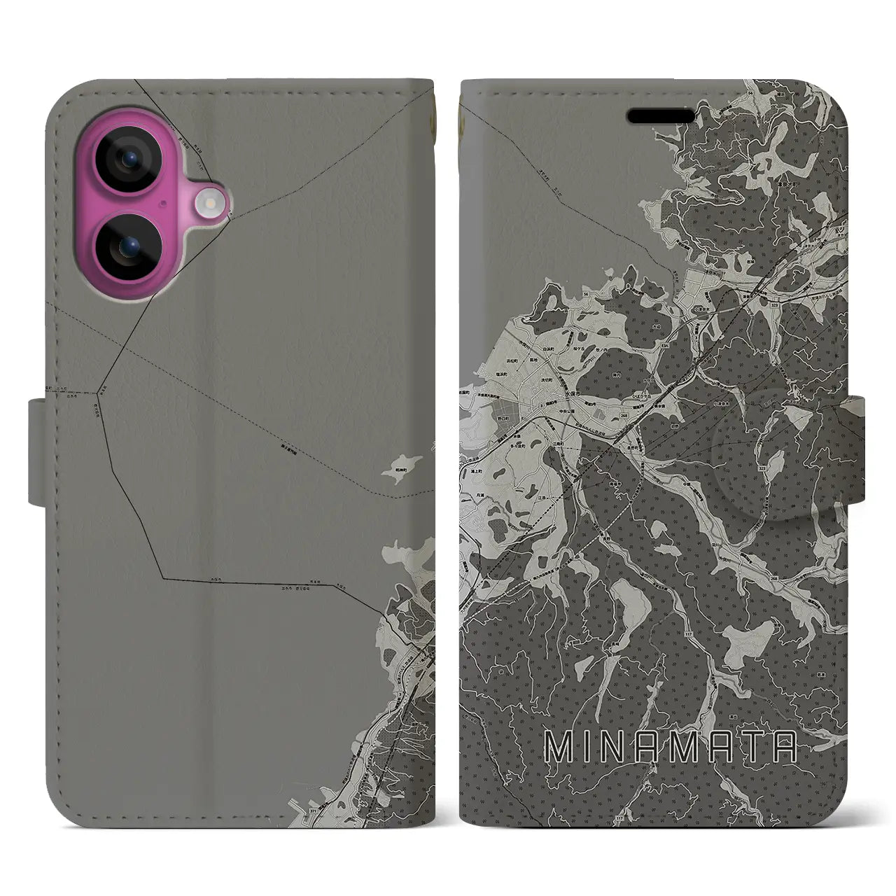 【水俣(熊本県)】地図柄iPhoneケース(手帳タイプ)モノトーン・iPhone 16 Pro 用